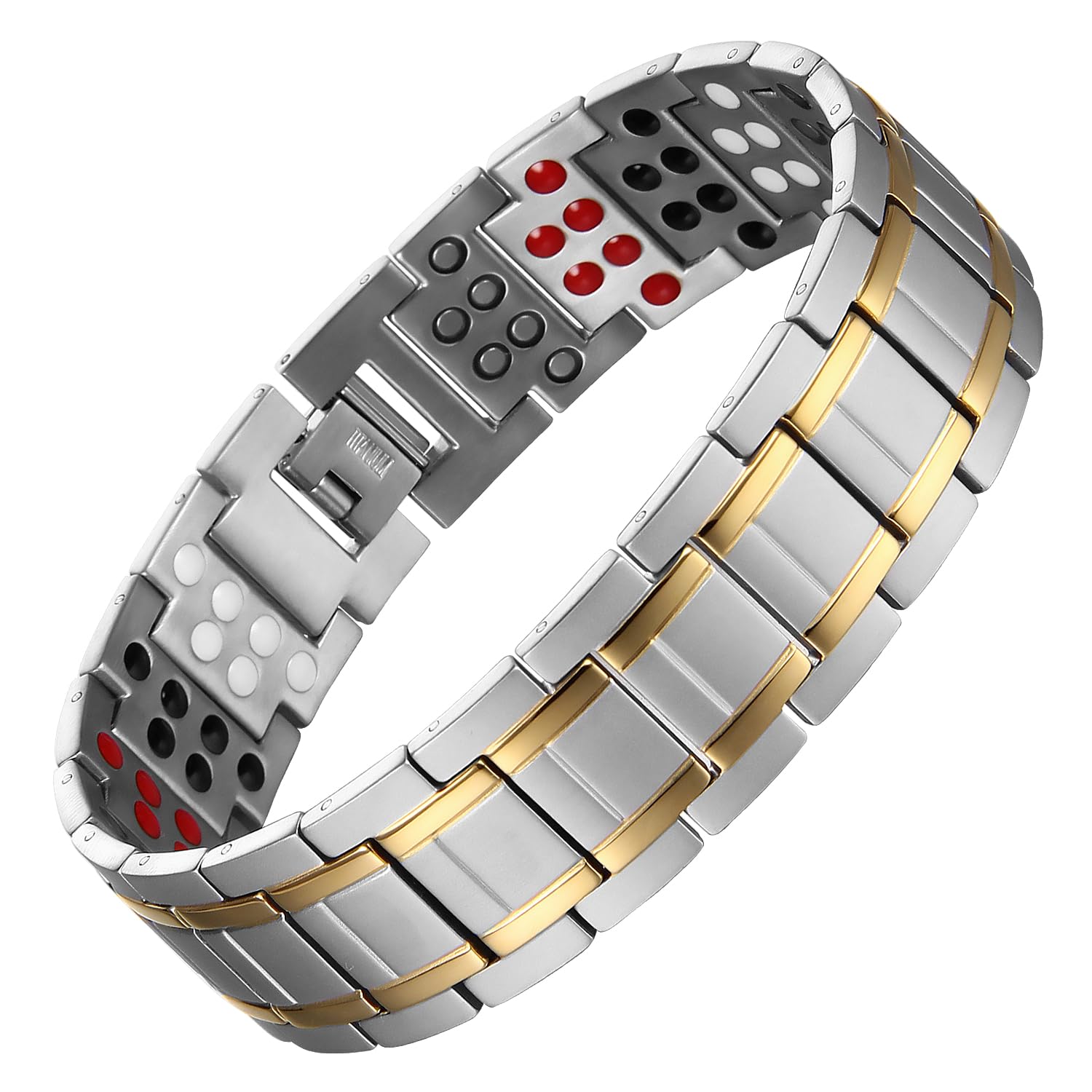 Generisch Doppelreihiges Herren Titanarmband mit Magneten, Klassisches Titan Magnetarmband in Silber und Gold, Gesundheitsarmband für Männer, Hypoallergen, inklusive Geschenkbox