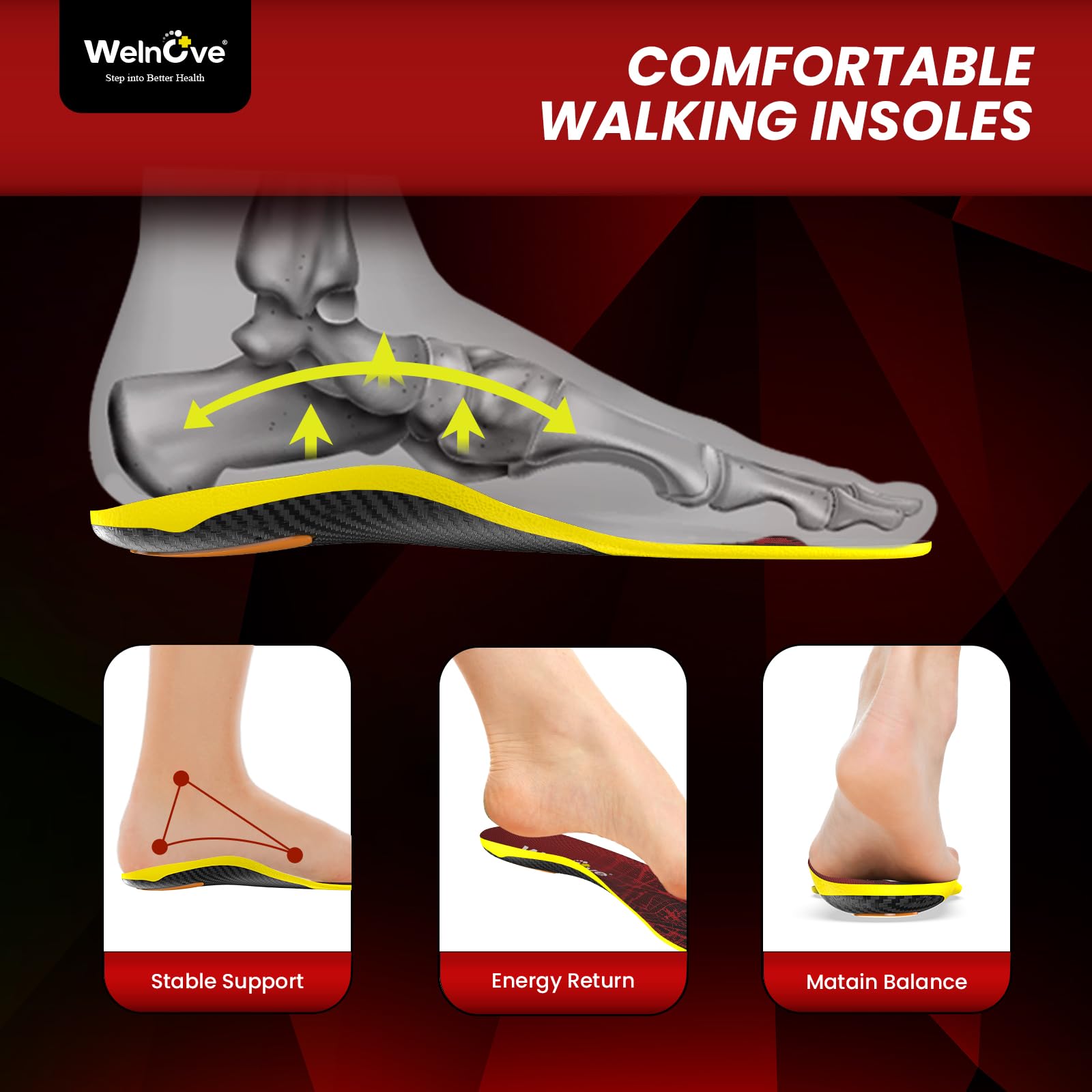 Walk Comfort Insoles - Welnove Pain Relief Insoles with Arch Support Cushion Inserts for Walking, Work & Travel - All-Day Comfort for Standing on Feet,Anti Fatigue - XL