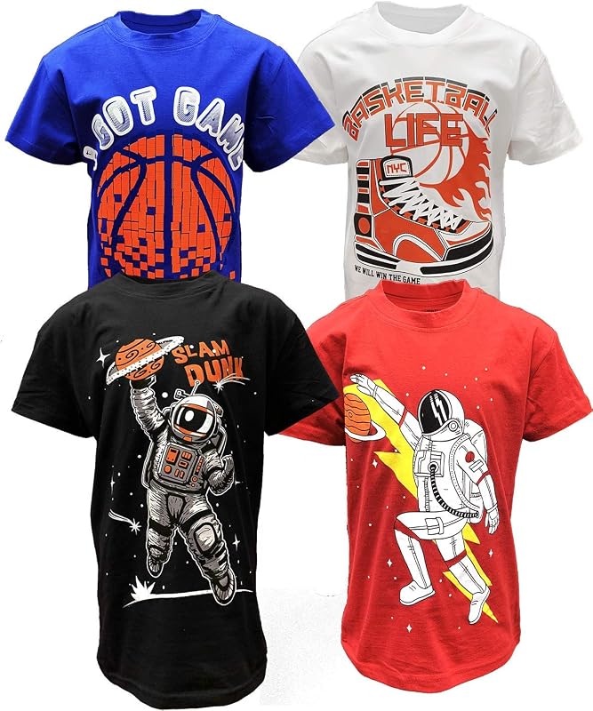 Camisetas infantis BROOKLYN VERTICAL com estampas de jogos, manga curta, gola redonda, algodão, Pacote com 4