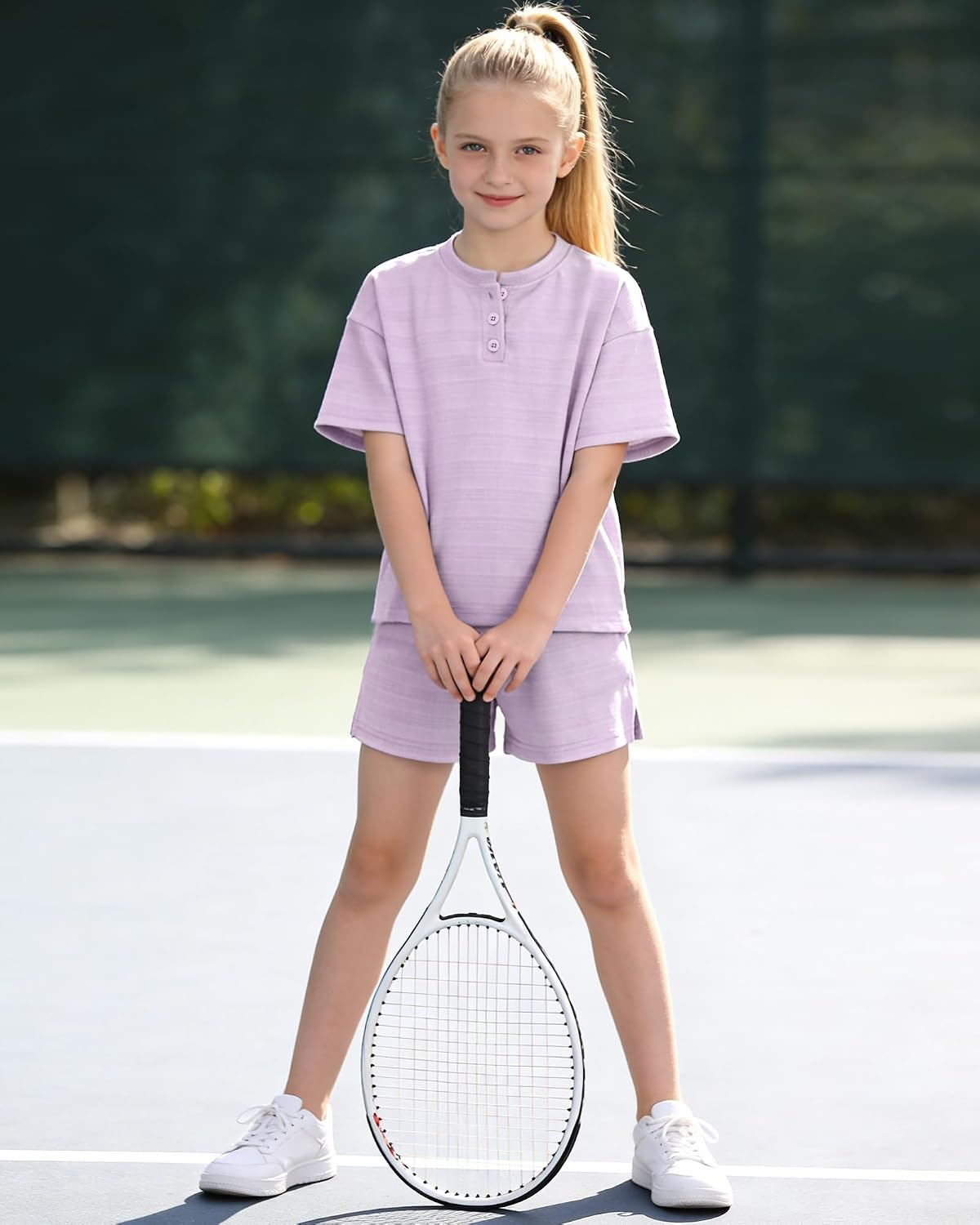 WESIDOM Girls Clothes 2 Piece Outfits 6-14Y Solid Textured Round Neck 3 Button Top+Shorts with Pockets