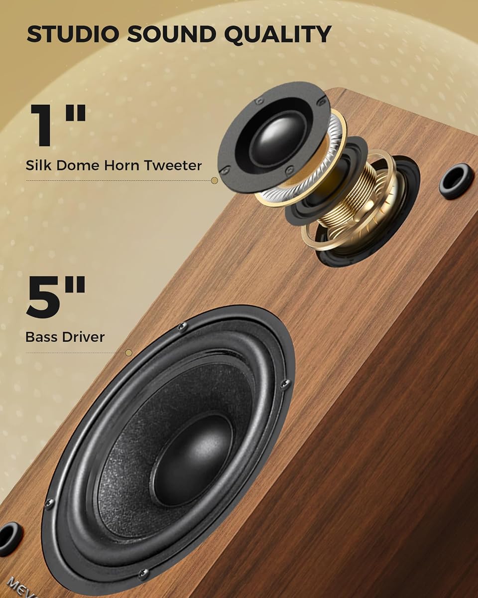 Active Bookshelf Speakers 36W RMS - BT 5.4 Wireless Speaker with 5 Inch Woofer, Silk Dome Tweeter PC Speakers - USB Digital Audio Studio Monitors Bass & Treble Adjust AUX Input for Record Player TV Brown image 1