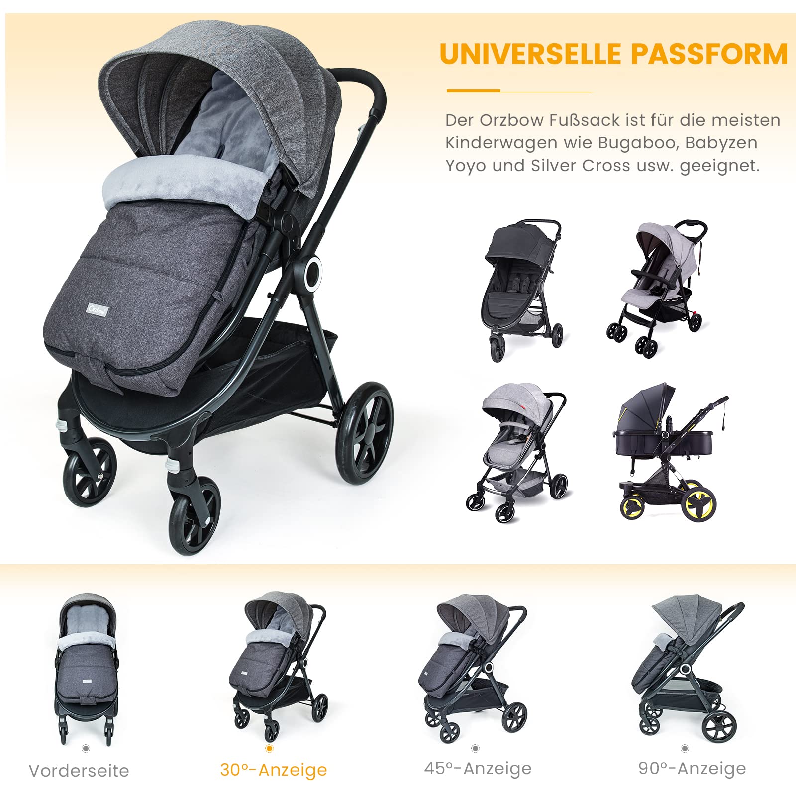 Orzbow Fußsack Kinderwagen Winter, L-Förmig, Dunkelgrau | Seitlicher und Unterer Reißverschluss für Einfachen Zugang, Warmes Dickes Korallenvlies, 95*40 cm, Universelle & Abnehmbare