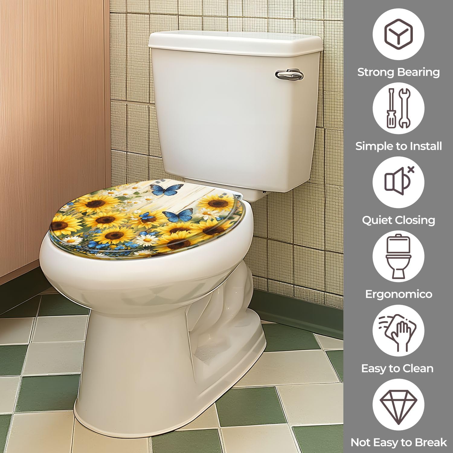 Asiento de inodoro redondo de resina con diseño floral y bisagras de cierre suave y liberación rápida para baño.