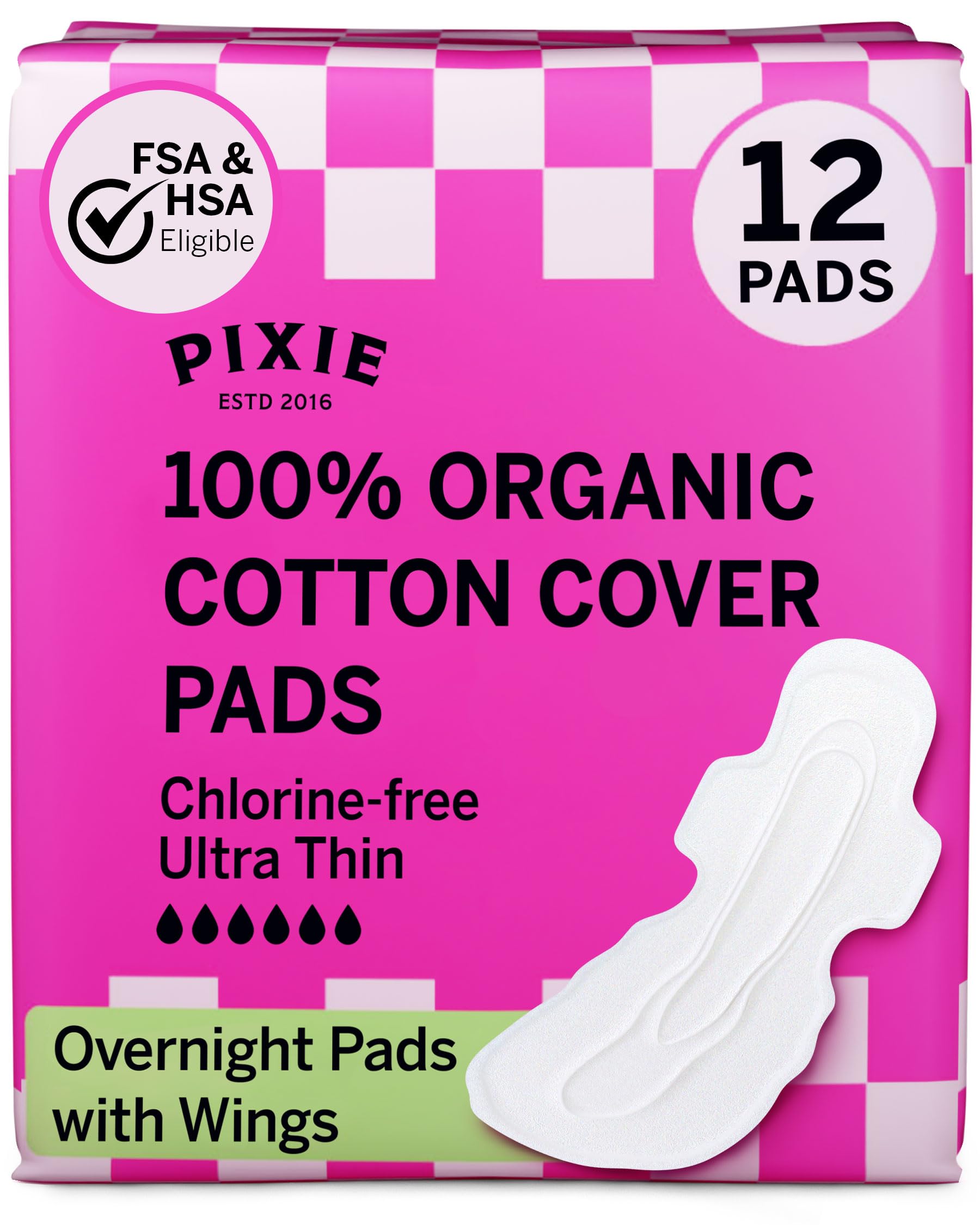 Pixie Organic Cotton Ultra Thin Overnight Pads for Women - Extra Heavy Absorbency with Wings - Leak-Proof, Hypoallergenic & Unscented - Compostable, Biodegradable - FSA Eligible - 12 Count