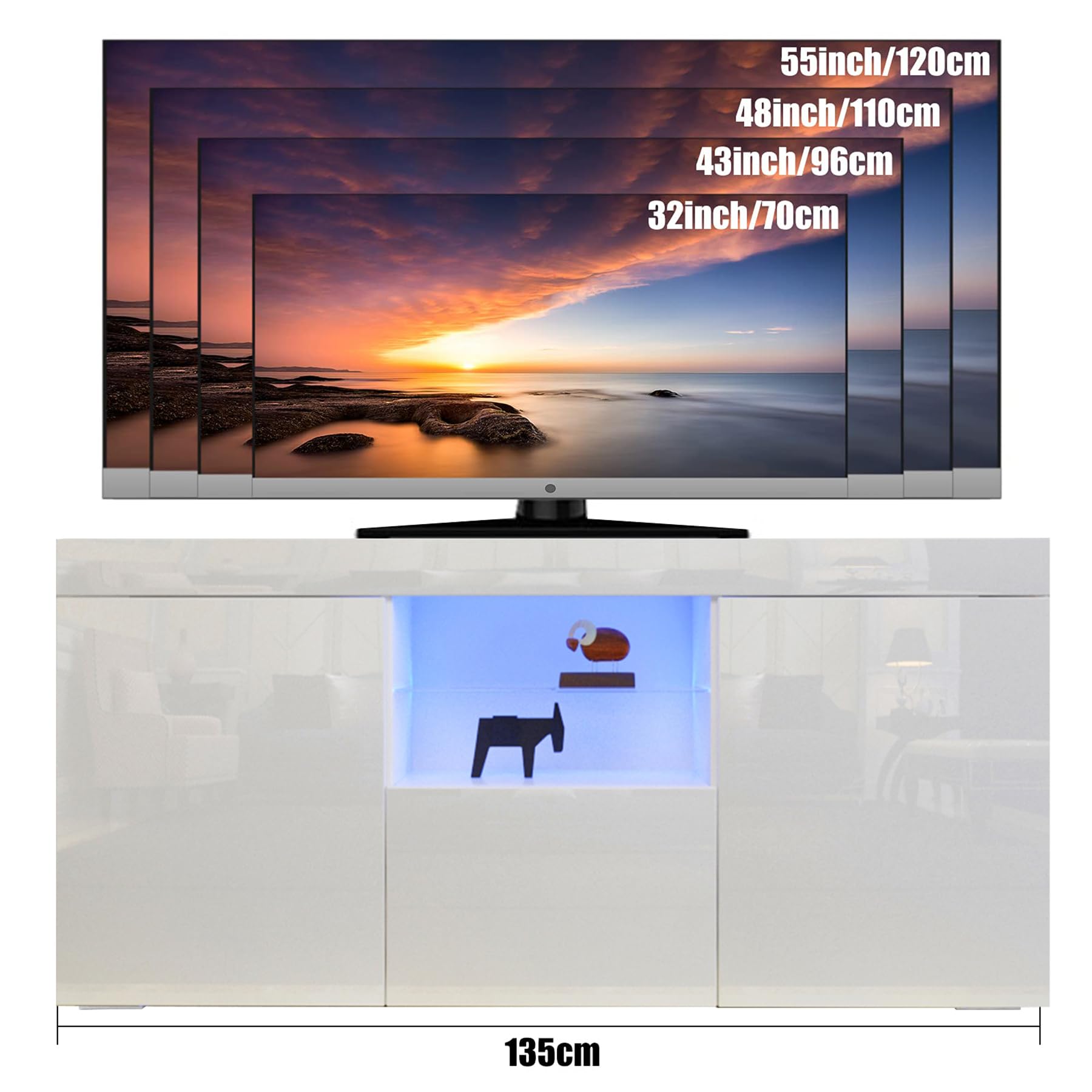 Dripex TV Schrank Lowboard mit LED Beleuchtung Weiß Hochglanz Fernsehtisch TV Board mit großem Stauraum 135x70x35 cm