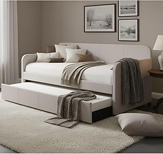 Tiara ツインデイベッド 布張りフレーム 引き出し式トランドル 無垢材の脚 寝室や客室用のカジュアルデザイン