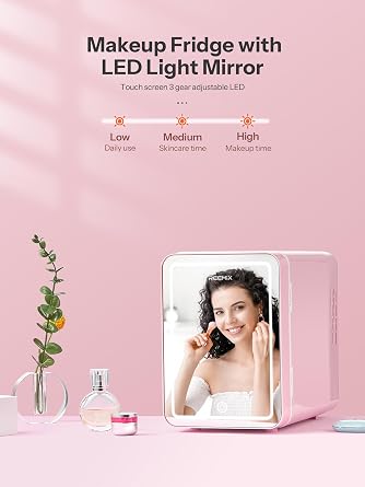 ثلاجة ريميكس للعناية بالبشرة، ثلاجة مكياج صغيرة سعة 6 لتر مع مرآة إضاءة Led قابلة للتعتيم لغرفة النوم والسيارة والمكتب والسكن، مبرد ودافئ، ثلاجة صغيرة لمستحضرات التجميل والعناية بالبشرة والطعام (مرآة سعة 6 لتر، وردي)