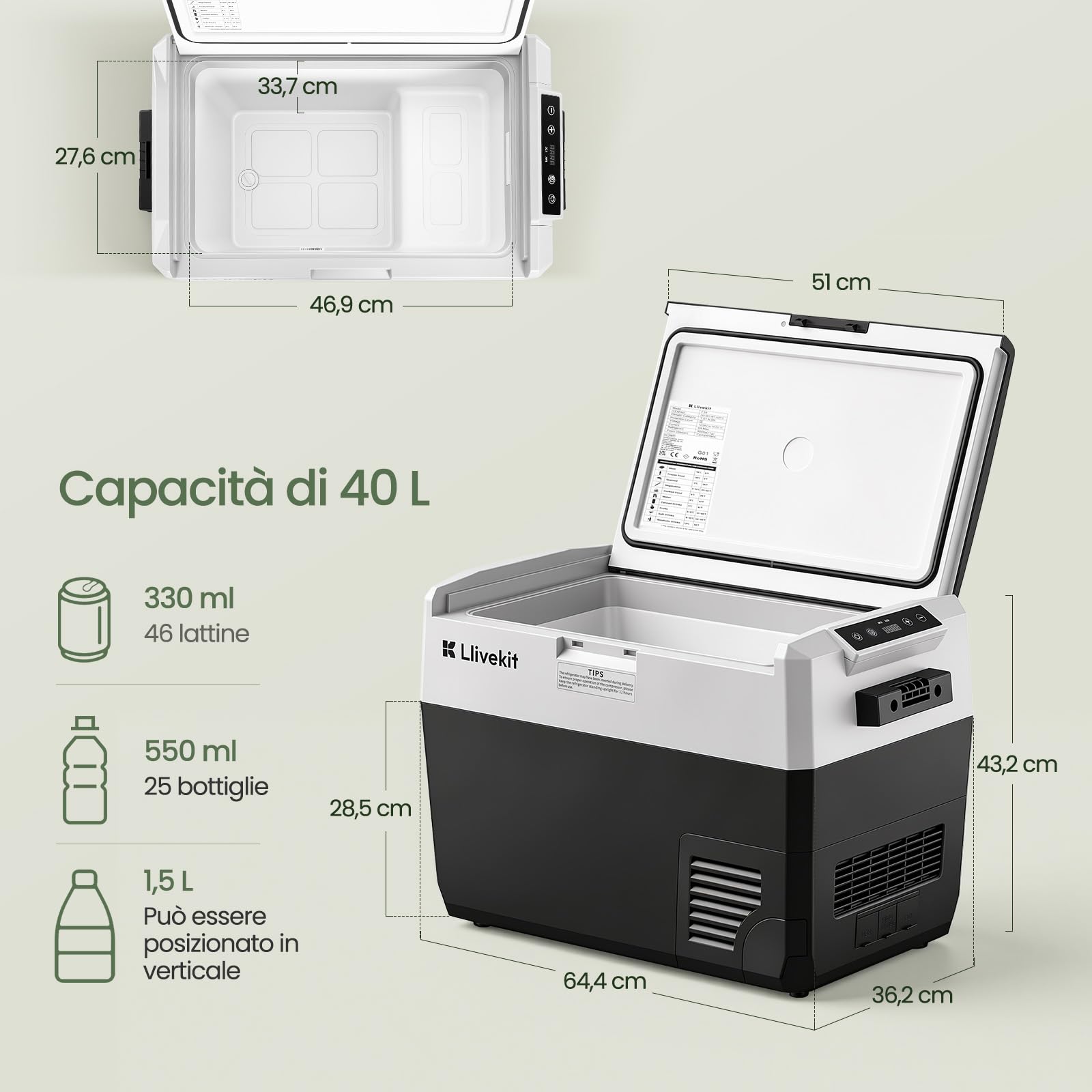 LLIVEKIT 40L Frigorifero Piccolo, Frigo Portatile per Auto con LED | 12/24/100-240 V, Temperatura Regolabile -20~20 °C, per Viaggio, Picnic, Campeggio, Casa, Nero