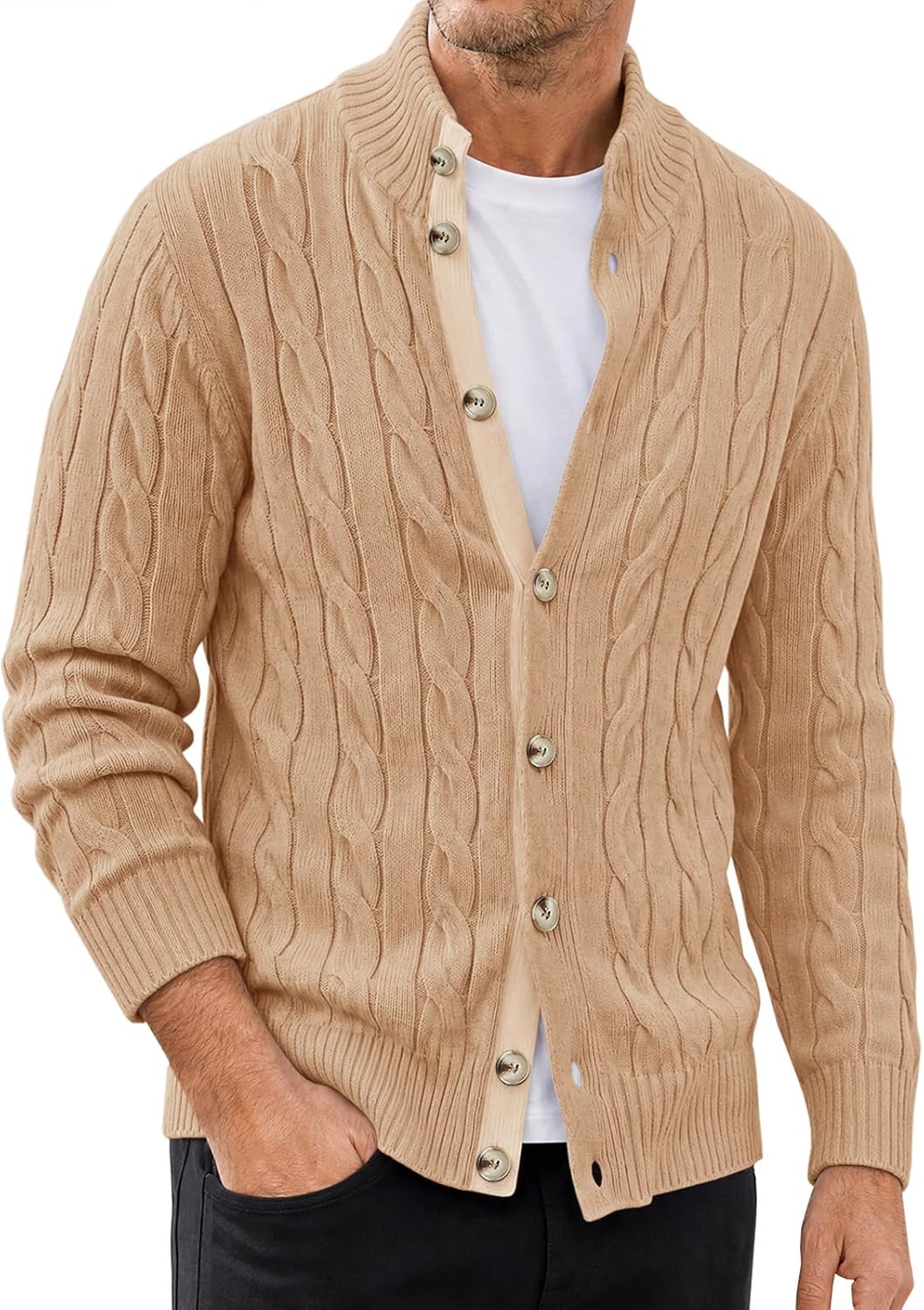 Runcati Mens Cardigan Sweater Cable Knit Stand Collar Button Down Sweaters