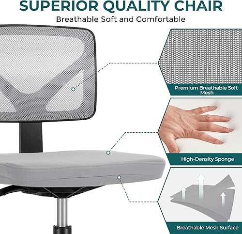 Miniatura 5 de DUMOS Sillas de oficina pequeñas con ruedas, ergonómicas ajustables para escritorio en casa, silla giratoria con ruedas, sin brazos, cómoda malla
