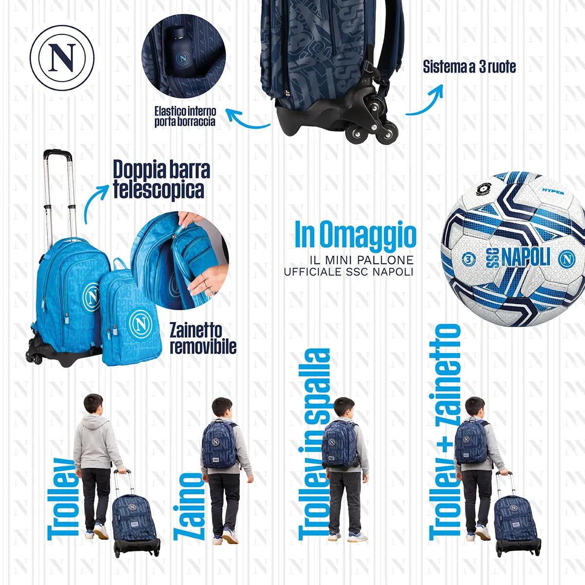 Colourbook Zaino Trolley Scuola Napoli Ufficiale 4 in 1 Con Pallone (Azzurro)