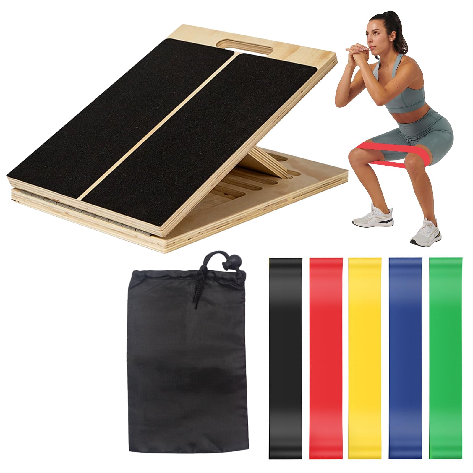 Wooden Slant Board, 5-Angle Adjustable Calf Stretcher & 5 Resistance Bands