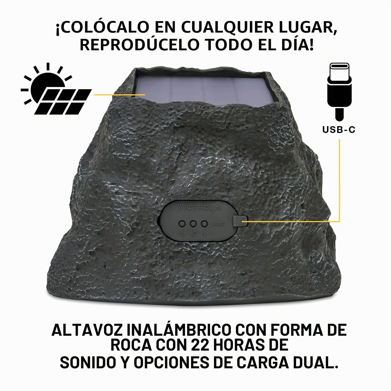 VICTROLA Rock Speaker Connect Stone – Altavoz inalámbrico para Exteriores con Bluetooth 5.3, 22 Horas de autonomía, Carga Solar, Conecta hasta 20 Altavoces Tipo Roca, Resistente al Agua y Polvo IP65