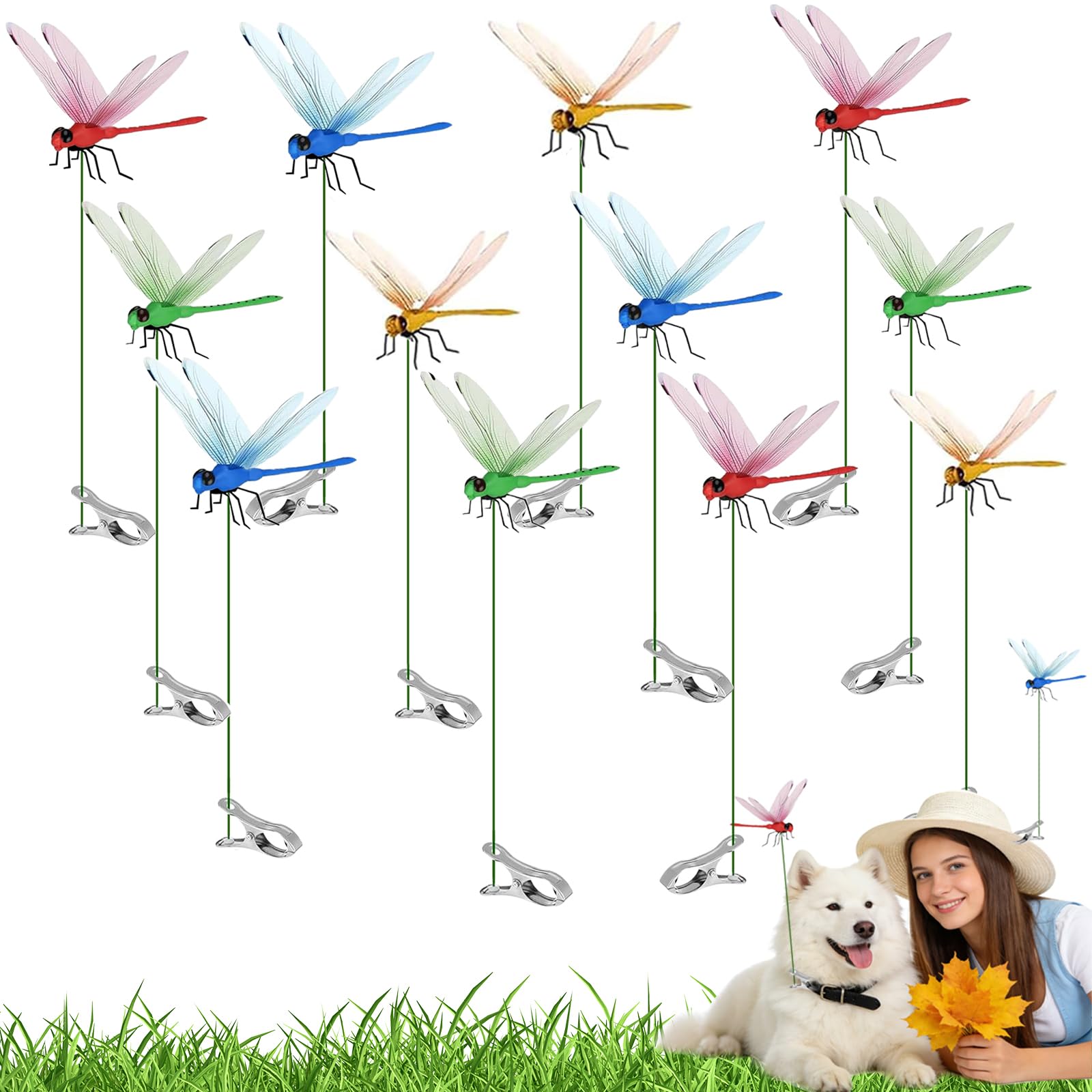 PYSUG 12 PCS Decorative Garden Stakes, 3D Dragonfly Clip, Fake Dragonflies Decor, Hummingbird Stakes, Plastic Dragonflies for Garden, Fly Scare Devices, Outdoor Dragonfly Decorative