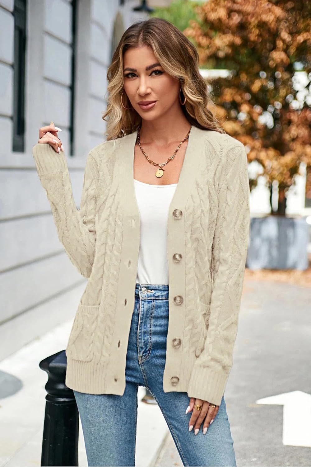 Fall Cardigans for Women 2026 Chunky Cable Knit Button Up Long Sleeve Sweater Sweatshirt - Image 5