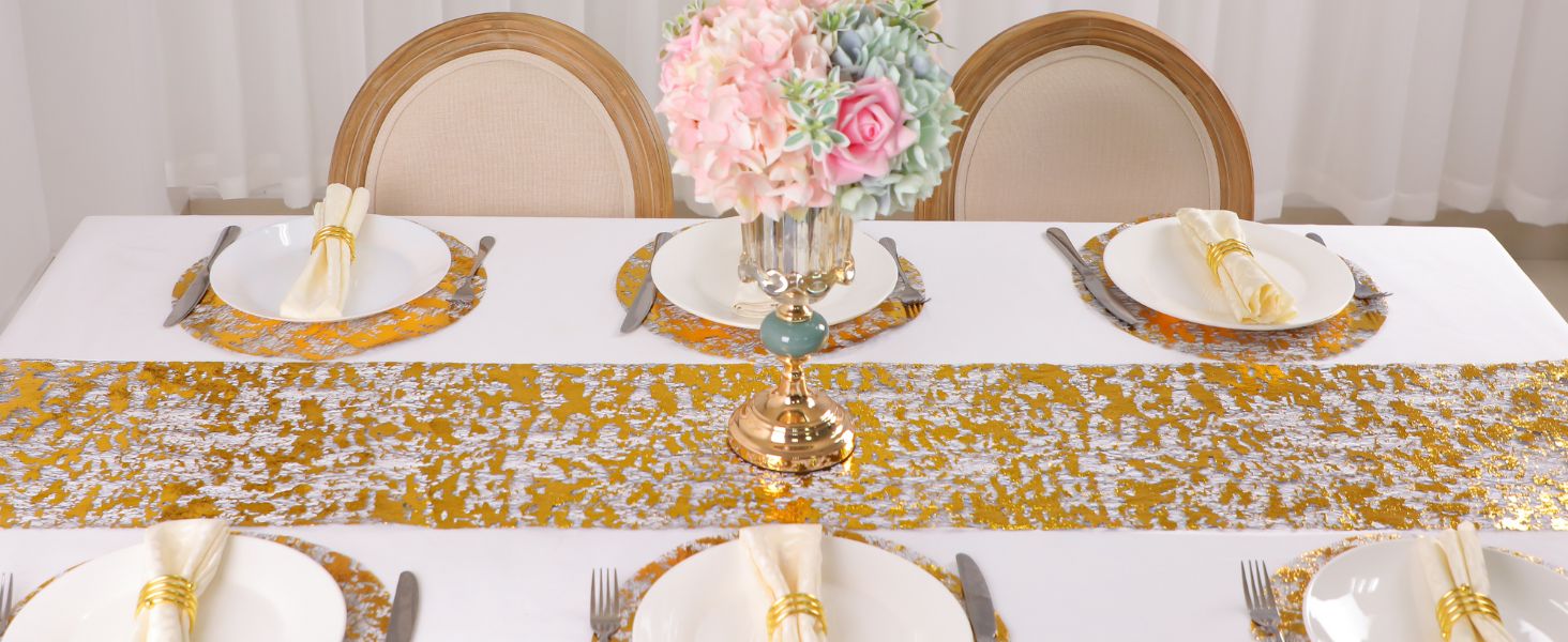 2 Runner Da Tavola Nero E Oro - 274cm X 28cm, Glitter E Lamina Dorata Per Matrimoni E Feste