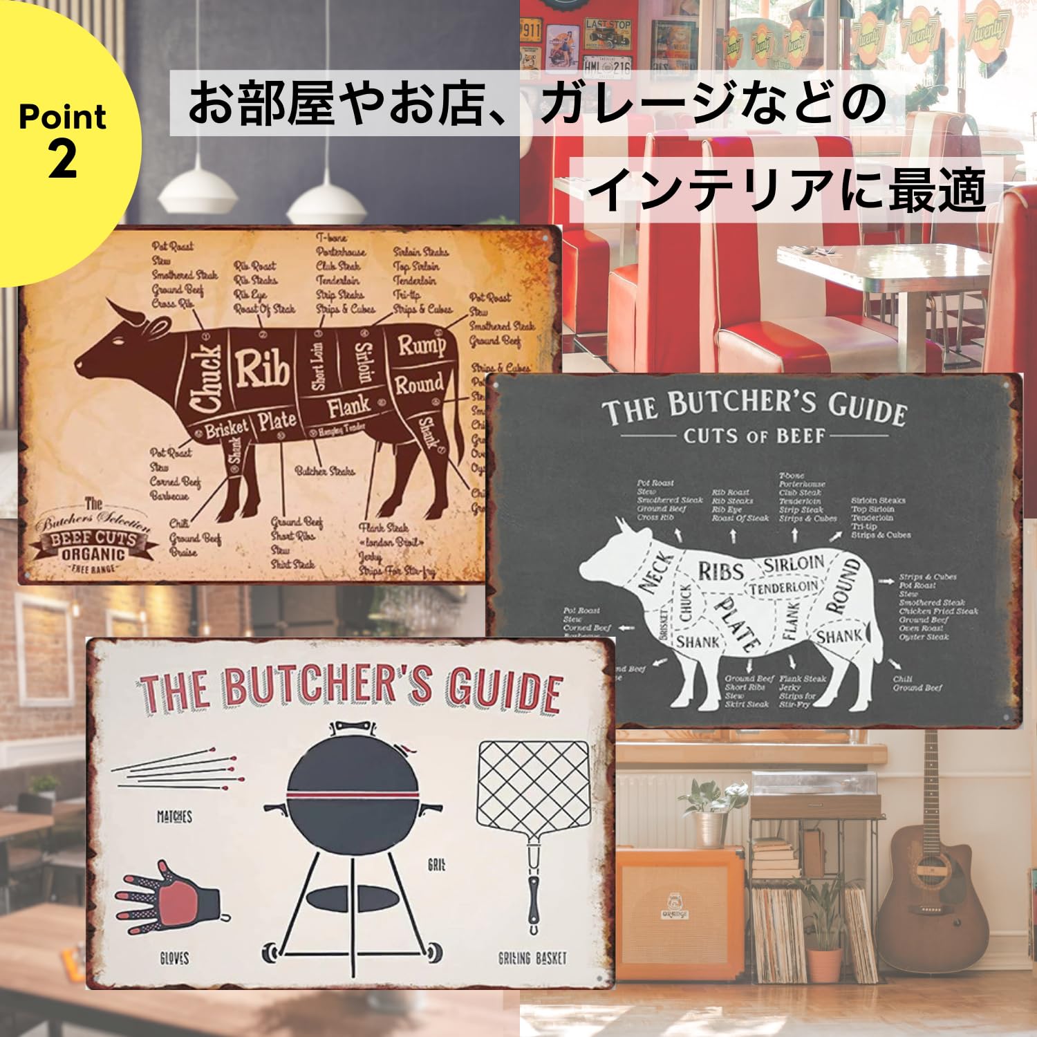 Amazon.co.jp: ブリキ看板 肉部位 解体図 牛 BEEF レトロ アメリカン