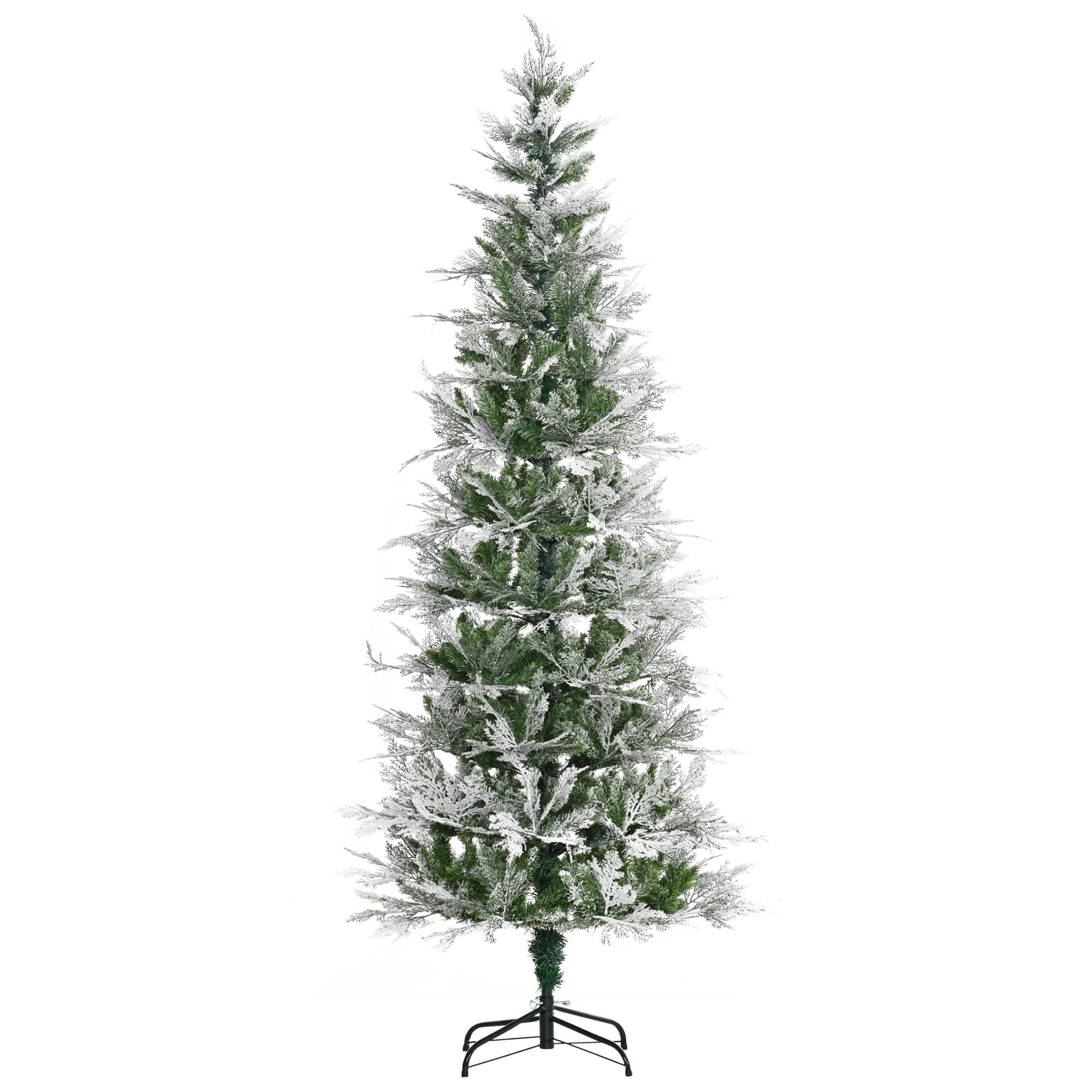 Homcom Green 7 Ft Pencil Snow Flocked Artificial Christmas Tree With Realistic Cypress Branches, Auto Open,