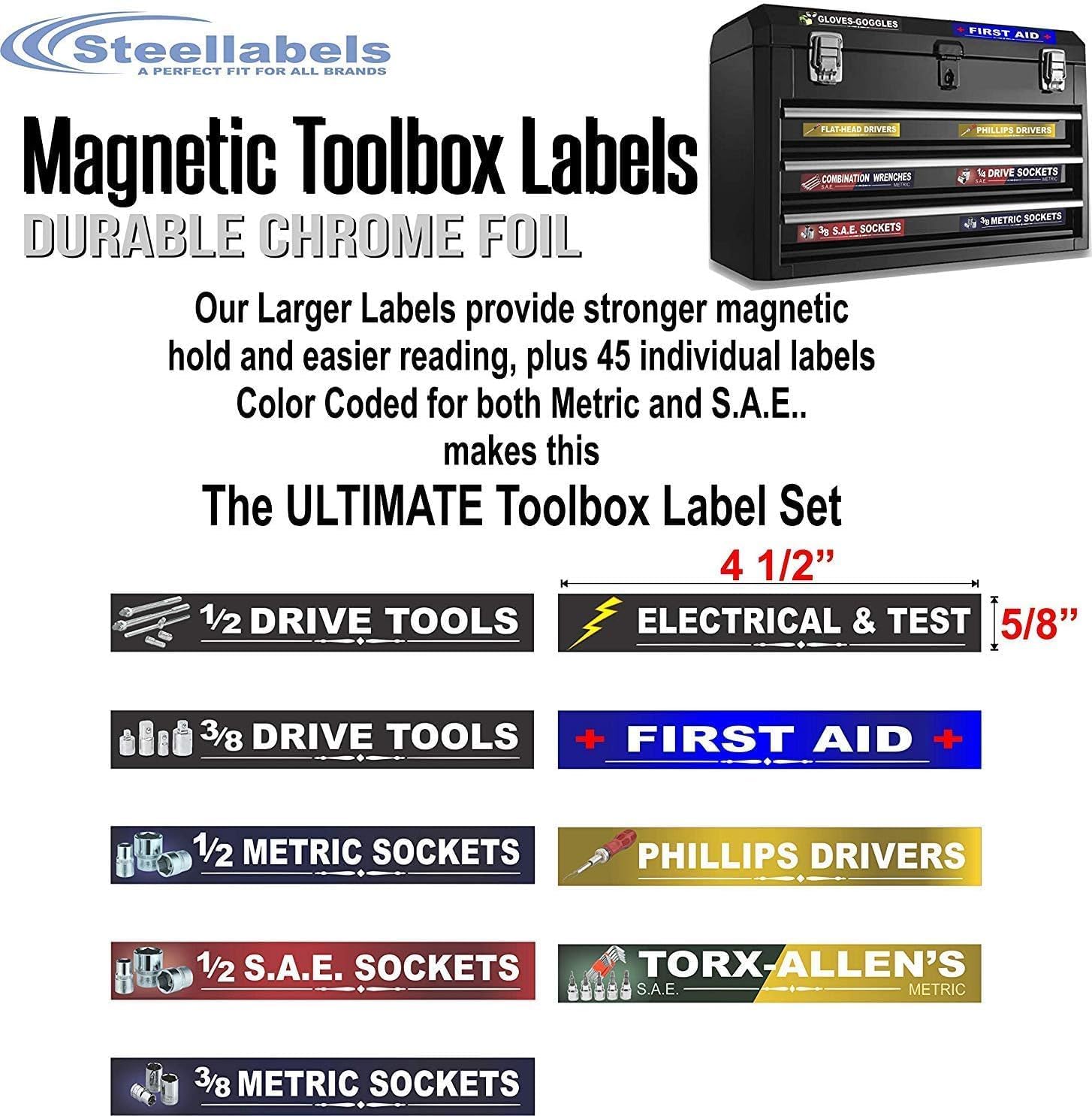 Ultimate Magnetic Toolbox + Socket Label Combo - Color Coded 300 Labels Tool Organazation system - Chrome Foil Durable Labels - Magnetic Toolbox