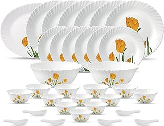La Opala Diva Classique Collection Opal Glass Crockery | for Family of 6 | Dinner Set 33 pcs Tulip Passion | Plates & Bowls for Dining | Microwave Safe | 100% Vegetarian | Extra Strong | White