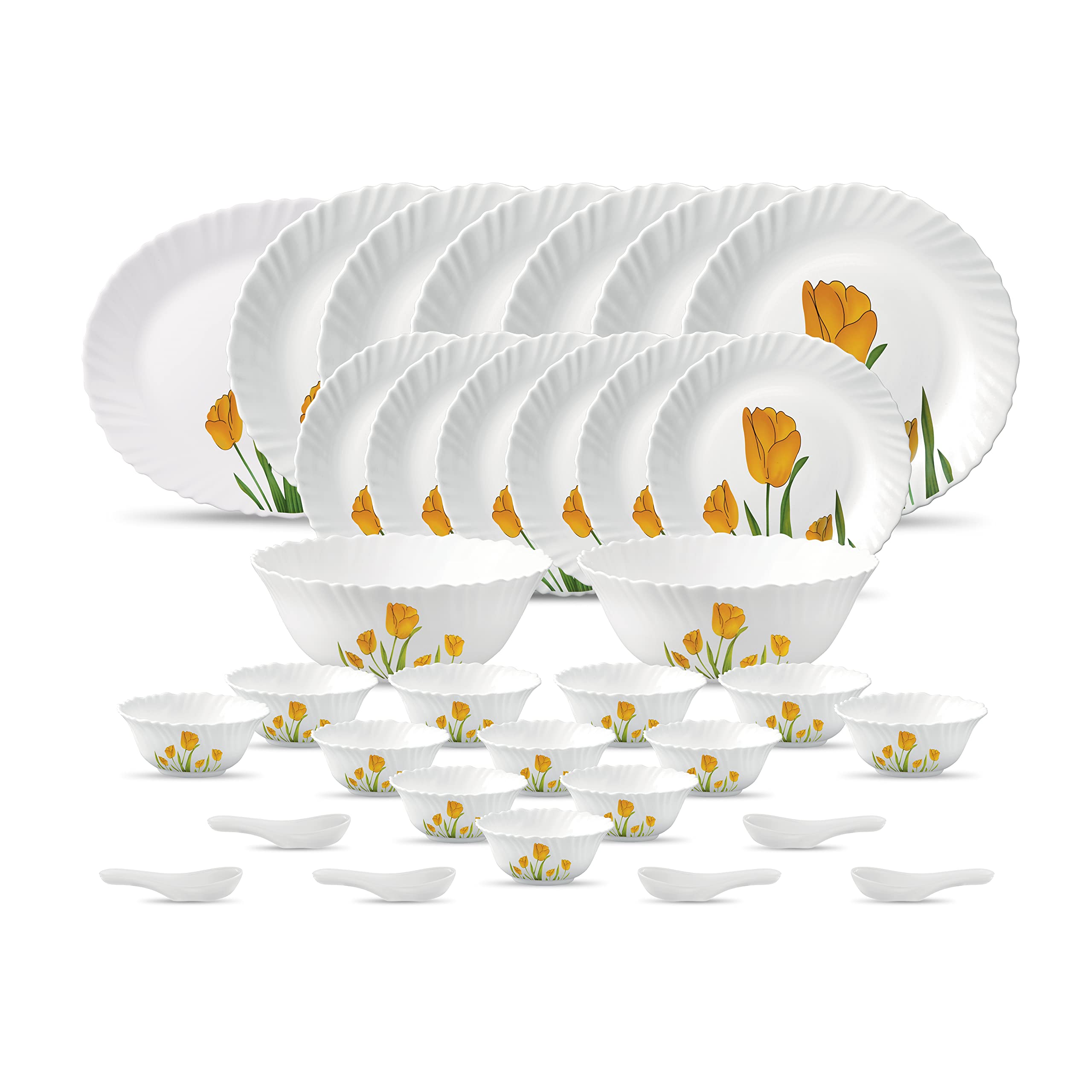 La Opala Diva Classique Collection Opal Glass Crockery | for Family of 6 | Dinner Set 33 pcs Tulip Passion | Plates & Bowls for Dining | Microwave Safe | 100% Vegetarian | Extra Strong | White