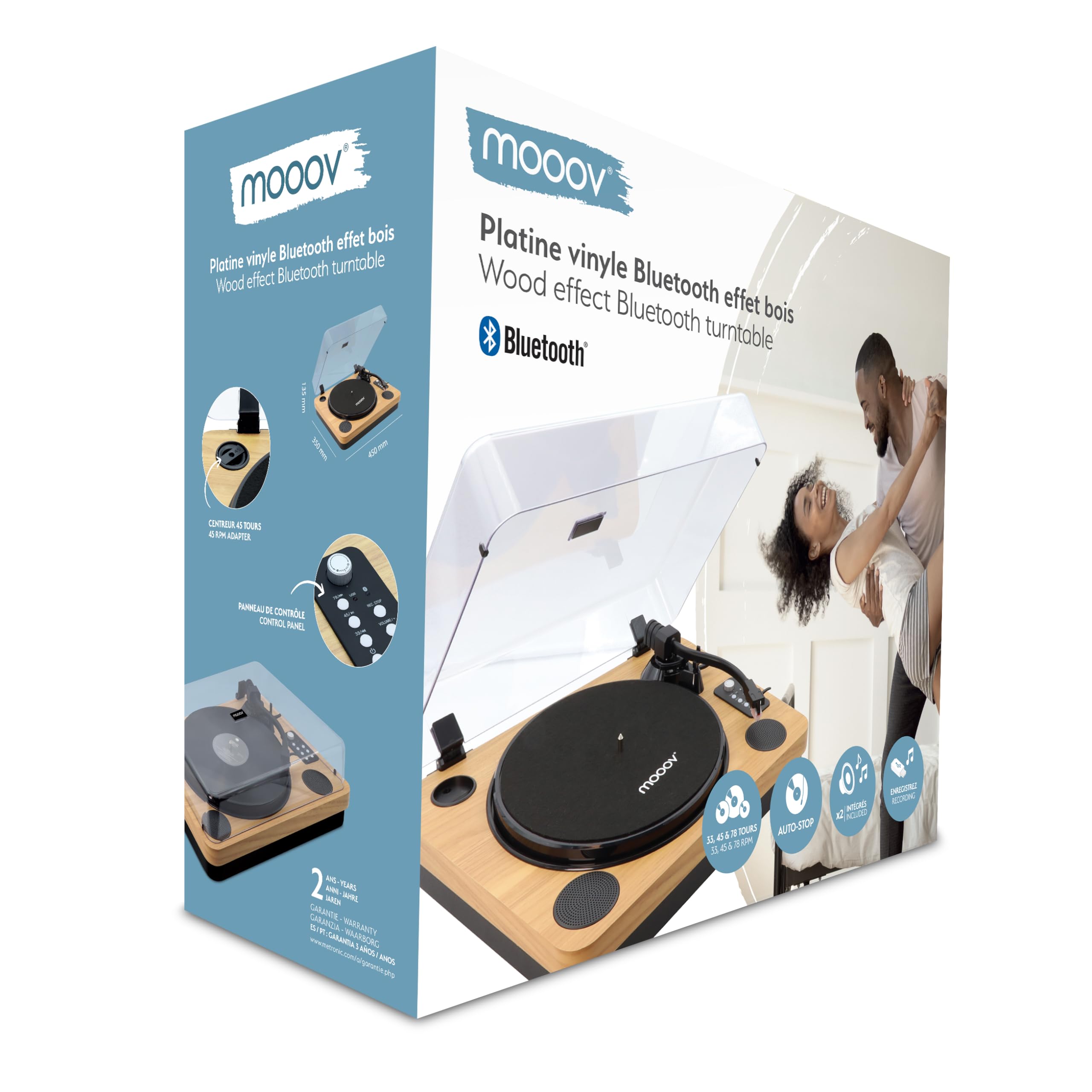 MOOOV 477361 Platine Vinyle Bluetooth avec Couvercle de Protection, Haut-parleurs Intégrés, Tourne Disque avec Enregistrement USB, Compatible 33/45/78 Tours, Sortie RCA, Effet Bois