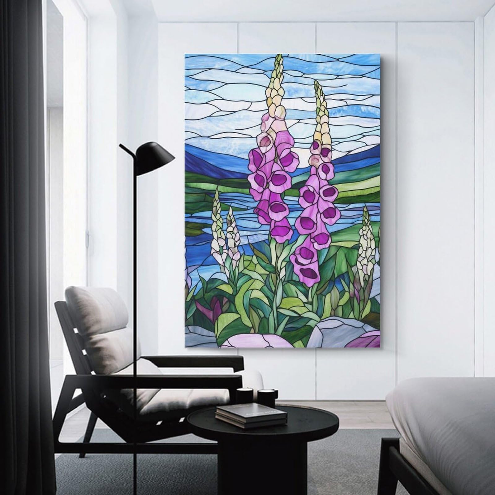 Junmoney Canvas Wall Art Stained Glass Foxgloves, 20x30inch(50x75cm), for Corridors, Hallways Or Apartment Entries, Decorative Canvas Styling for Entry Areas