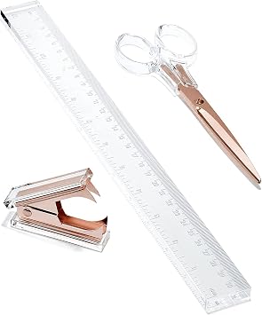 OfficeGoods Juego de computadora acr lico de 3 piezas, incluye regla, removedor de grapas, tijeras, accesorios de computadora funcionales y elegantes, herramientas de papeler a para el hogar, la