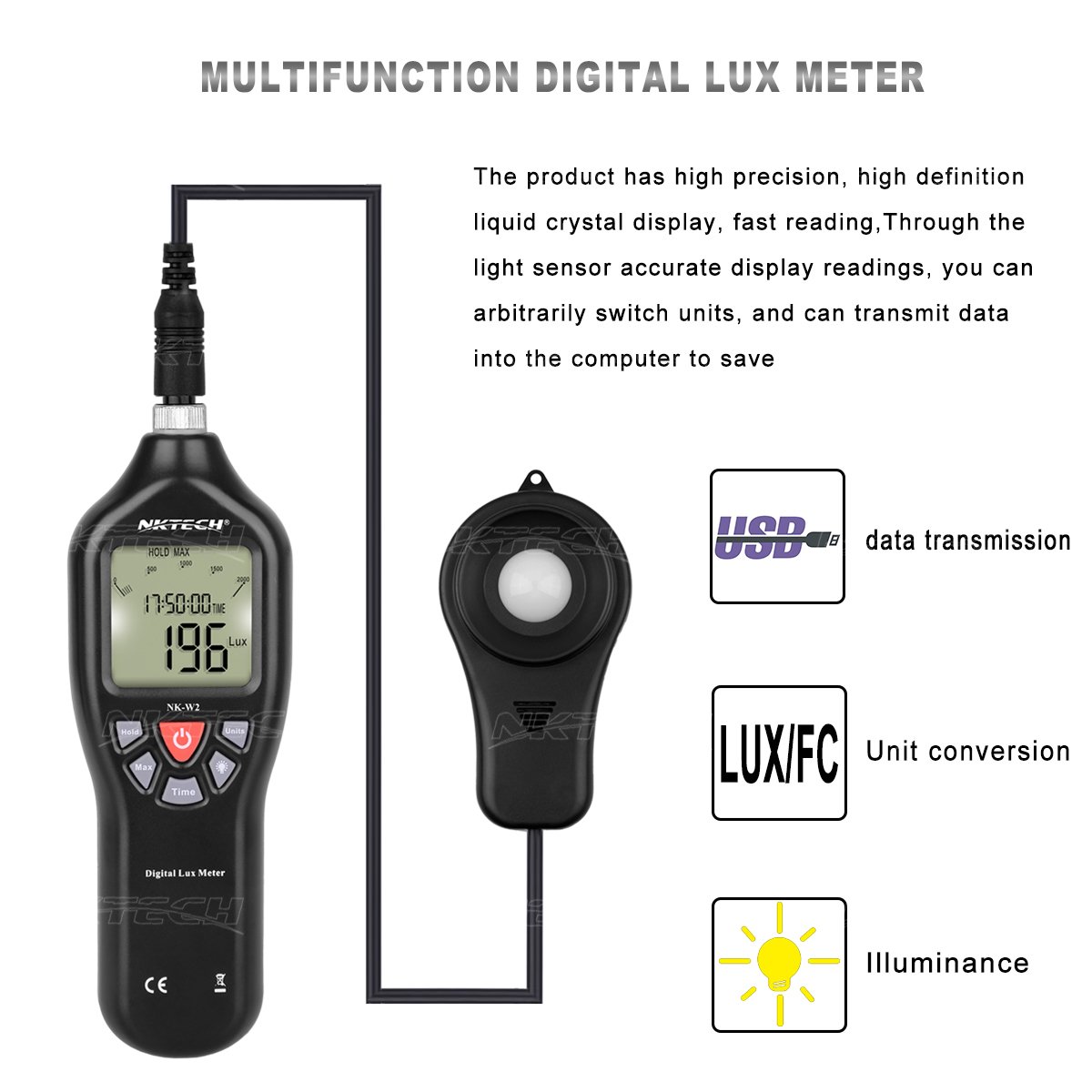 Nk-w2 Lux Mètre Enregistreur de données numériques Luxmetre Datalogger FC lumière prise en charge USB PC enregistrer Plage de mesure 0,1 à 200 000 rétroéclairage LCD testeur