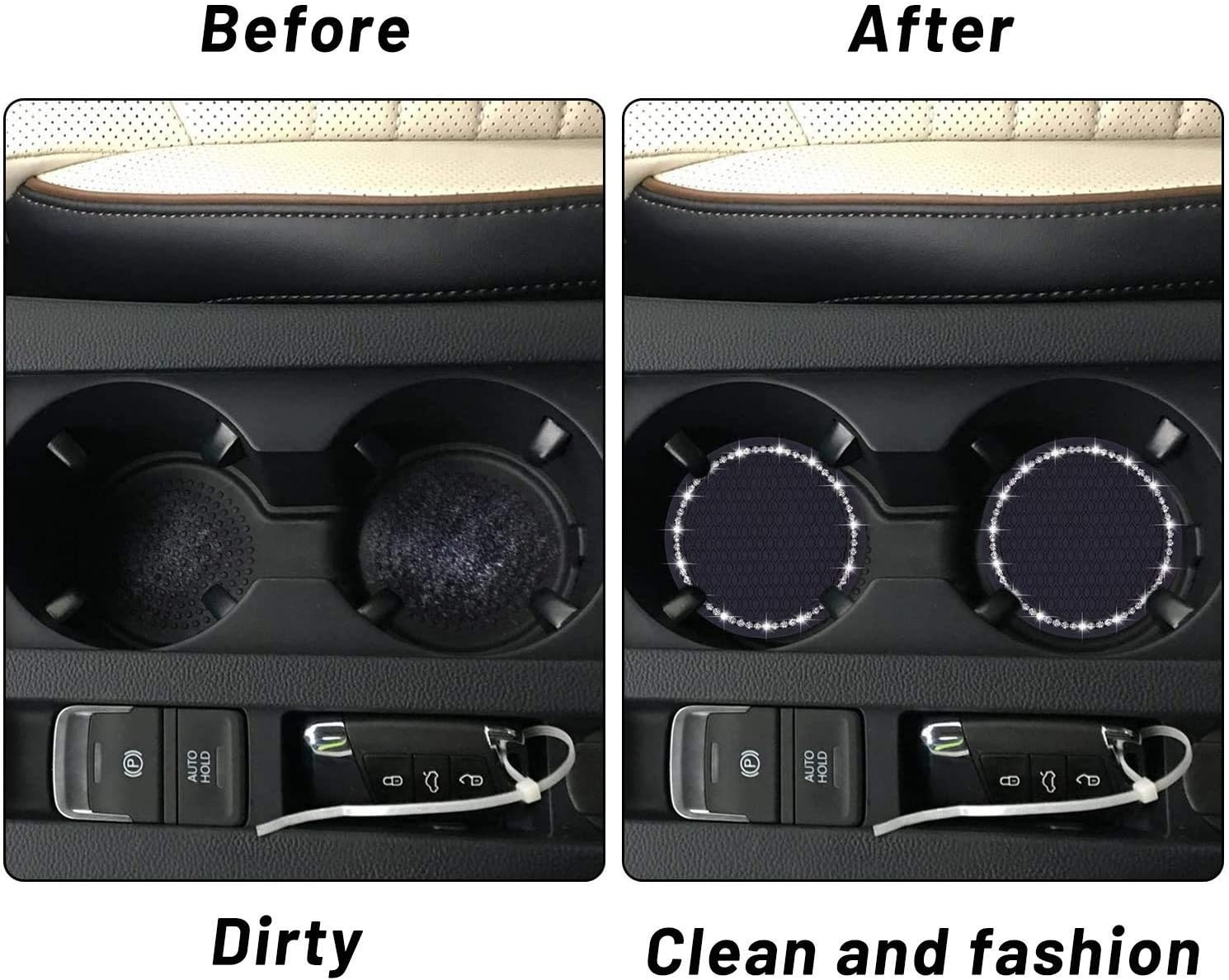 2 Pack Bling Car Coasters PVC Travel Auto Universal Cup Holder Insert Coaster Anti Slip Crystal Vehicle Interior Accessories Cup Mats for Women and Girl (2 Black with White Crystal)
