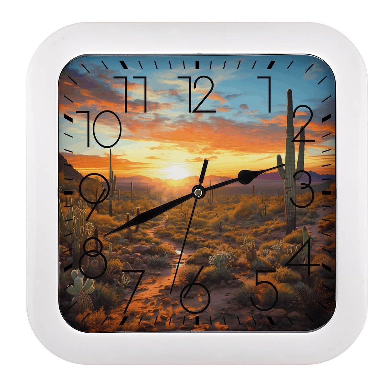 LZQPOEAS Saguaros at Sunset Square Wall Clock, 10.2 Inch Battery Operated Silent Non-Ticking Wall Clock, Square Analog Decorative Clock for Home Wall Art, Living Room, Bedroom, and Office