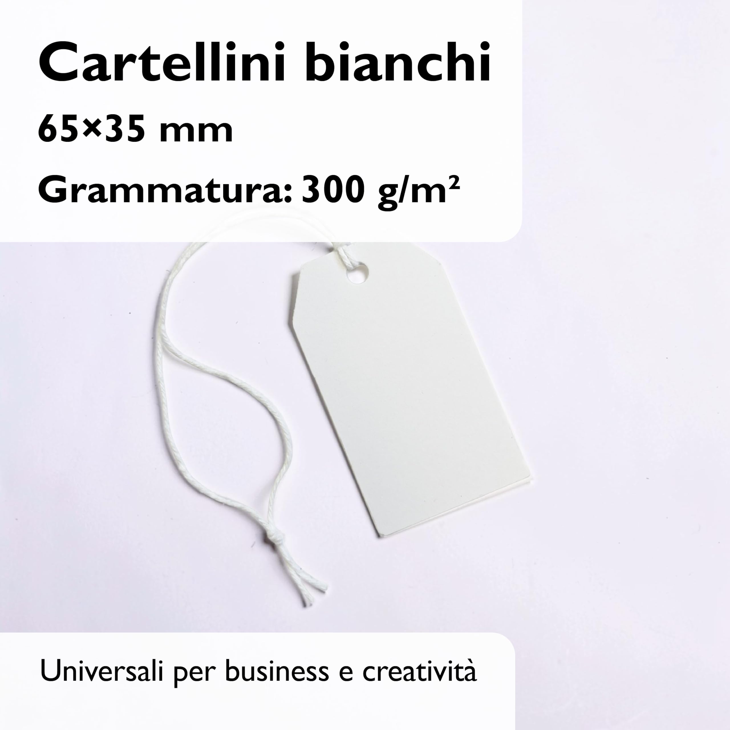 Cartellini Bianchi Premium, 65x35 mm, 300 g/m², 200 Pezzi con Laccetti (già infilati), Cartellini per Etichette Prodotti e Prezzi