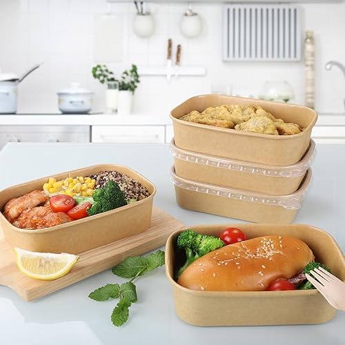Miniatura 10 de Juego de 50 tazas de postre de papel kraft de 16 onzas con tapas, taza de papel compostable para alimentos con tapa ventilada, recipientes de postre