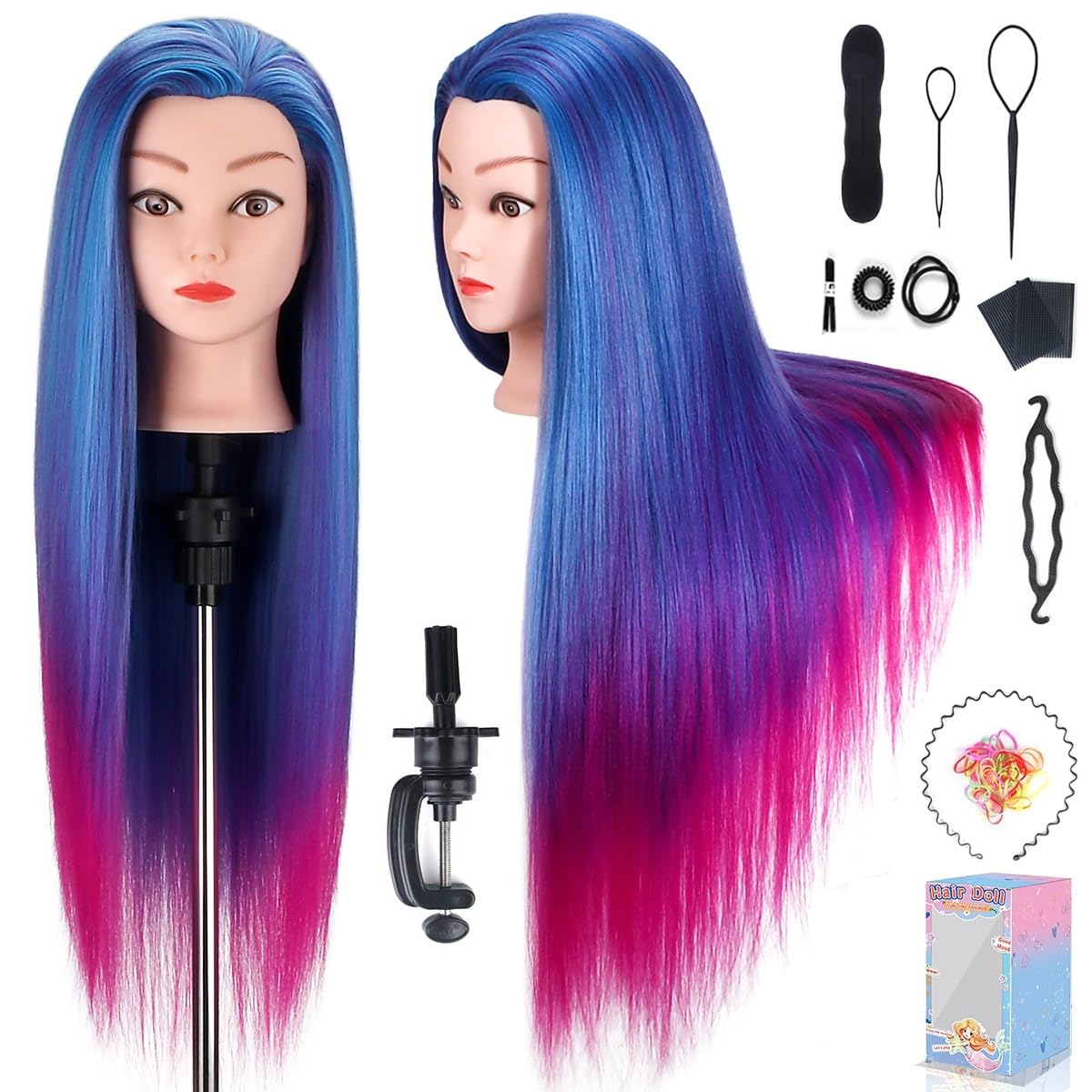 Beauty Star 29 Inches 100% Synthetic Fiber Hair Training Head Cosmetology Hairdressing Mannequin Manikin Doll Head with Table Clamp Holder & DIY Hair Braid Set