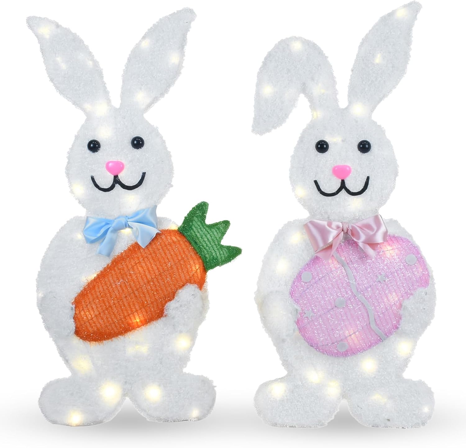 Outdoor Easter Bunny Yard Decorations, Lighted Metal Bunny Decor Set of 2, 30 Inch, Plug-in Pre-Lit LEDs for Lawn Garden Front Porch