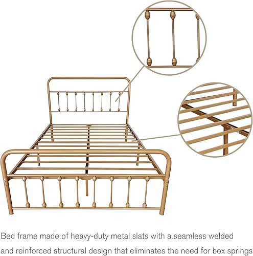 Miniatura 5 de NNV Base de cama de metal tamaño King con cabecera y estribo vintage, marco de cama resistente con gran almacenamiento, no necesita somier, fácil