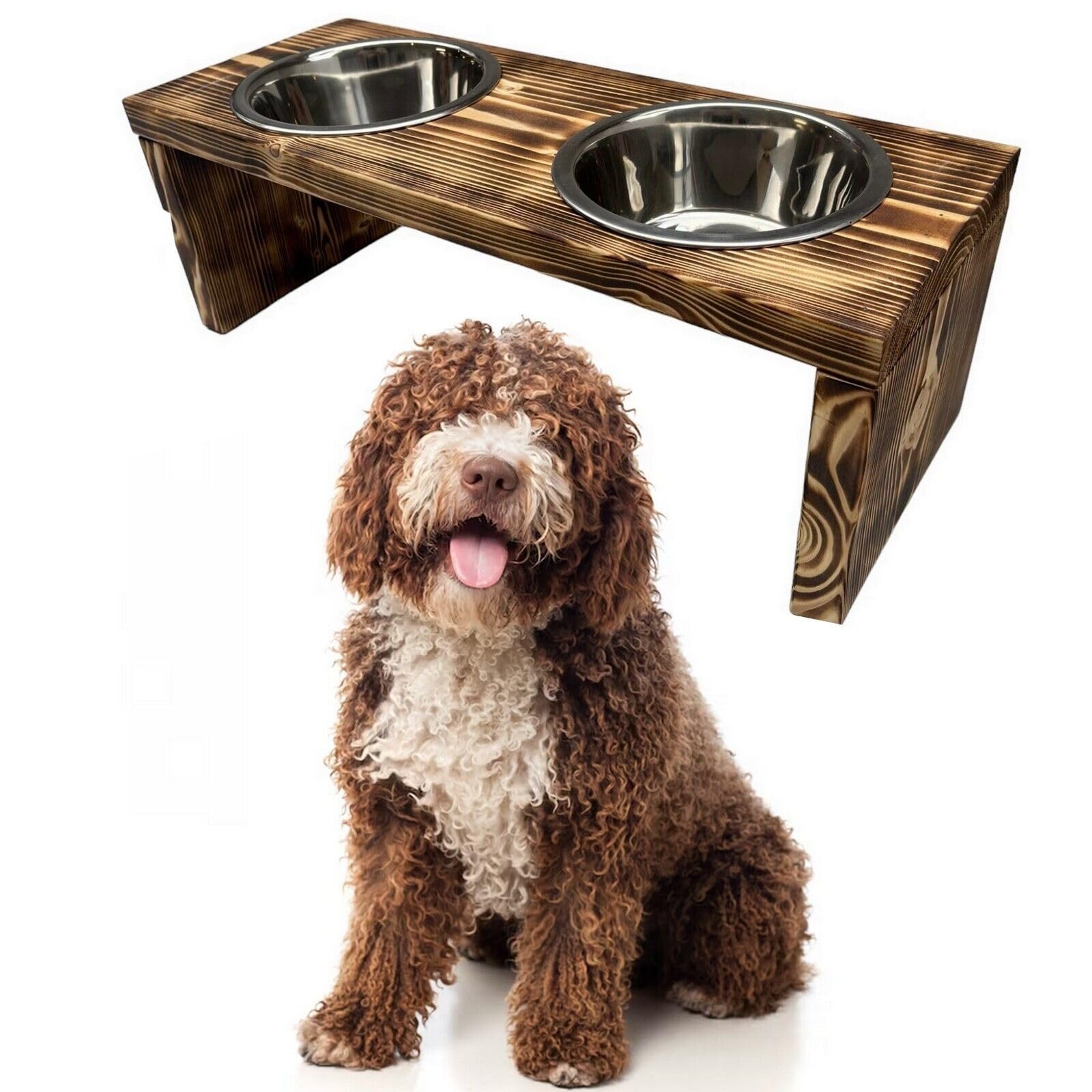 Futterstation Doppelnapf Pet Diner Holz Ständer Hundenapf Katzennapf Hundebar Futterbar handgefertigt 50 x 19,5 x 17,5 cm 0,9 L