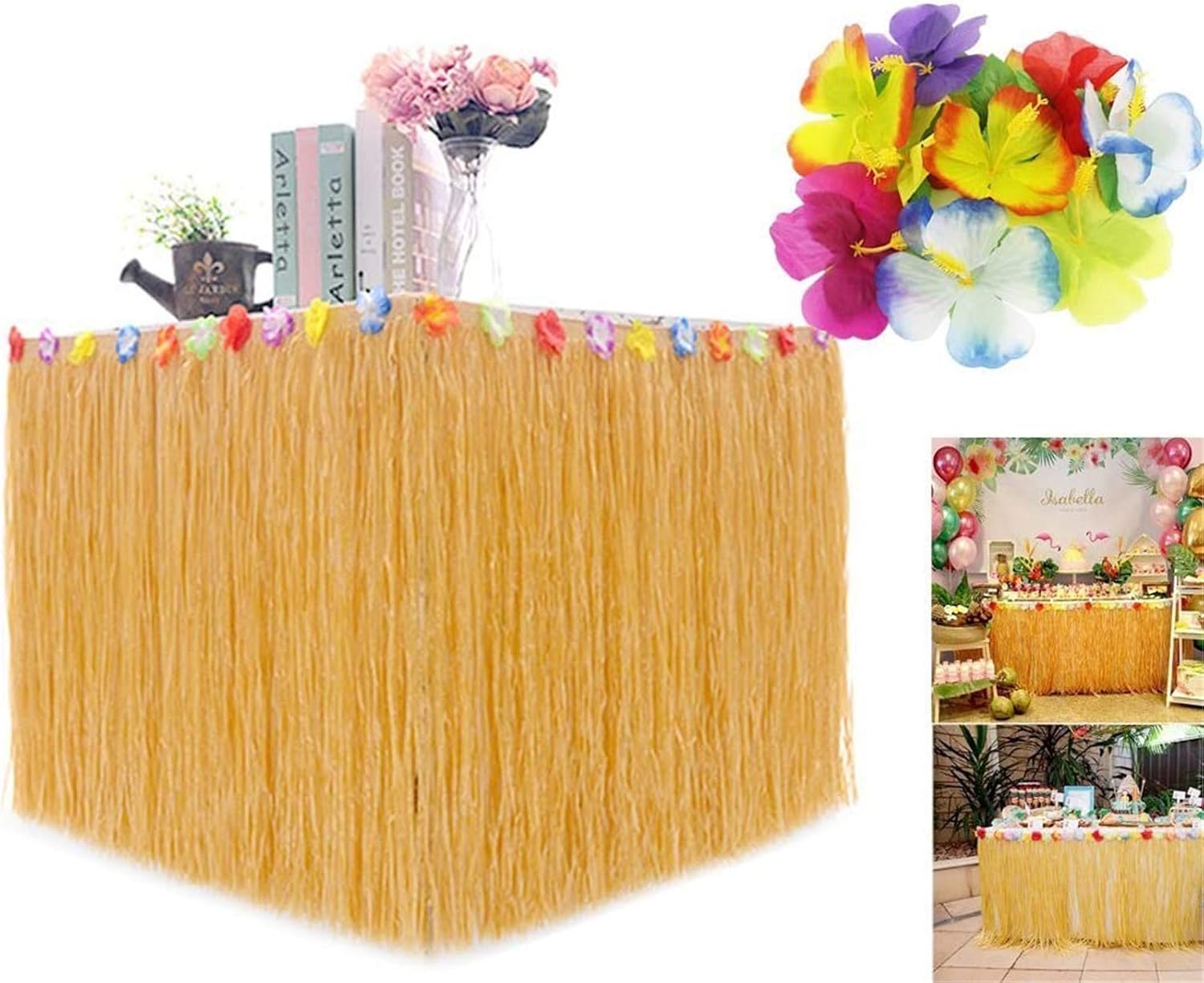 BAKHUK 1Pack 9 Feet Hawaiian Table Hula Grass Skirt with Little Flowers and 30pcs Hibiscus Flowers for Tabletop Decoration, Party Decoration, Birthdays, Celebration