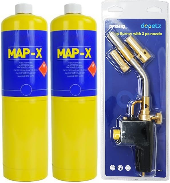 Dapetz ® Gas Torch and 2 x Mapp Pro Gas Cainster for Soldering Brazing Searing Thawing Heat Treatment Mechanics Jet Burner Cylinder Yellow Bottle Cartridge for Blow Torch
