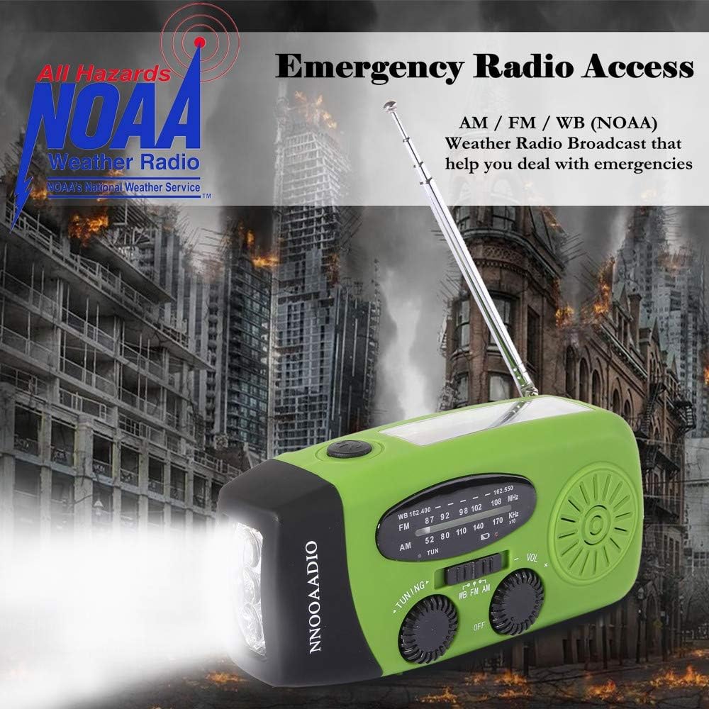 1200mAh Emergency Weather Radio, 3LED Hand Crank Solar Battery Operated Wind Up Radio Flashlight, NOAA AM FM Portable Radio Cell Phone Charger Survival Kit (Green) : Electronics