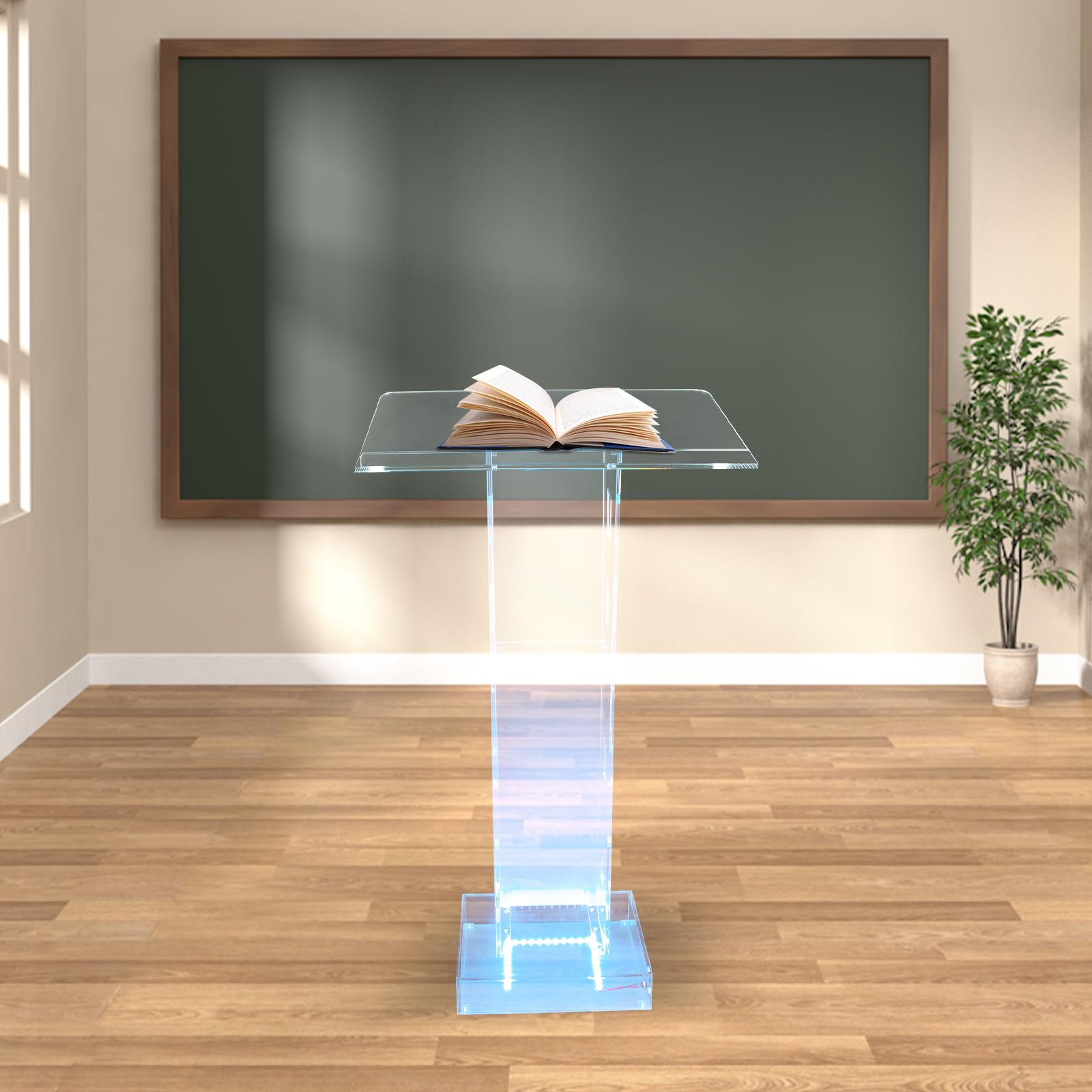Lucite Podium en Acrylique Transparent Chaire D'église Podium Transparent Table de Conférence Podium en Acrylique avec Lumière LED Bleue,Convient pour église, école, Ambassade, Scène