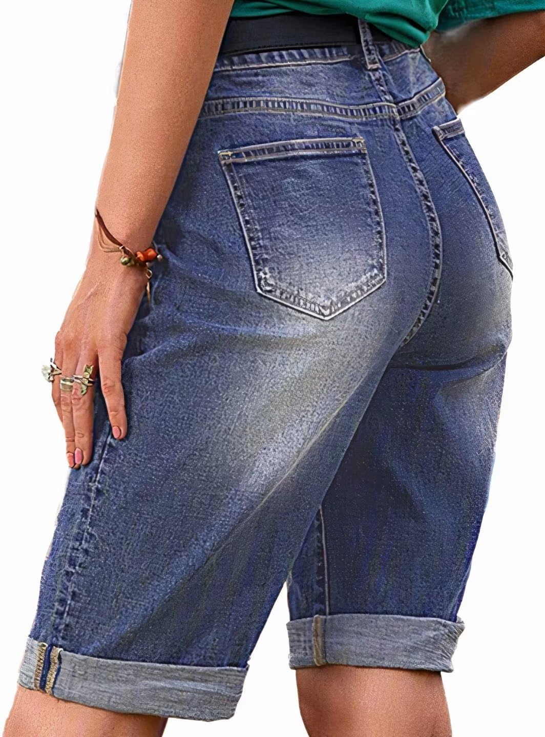 Flamingals Women's Ripped Rolled Hem Denim Bermuda Shorts Without Belt Mid Waist Casual Shorts - Image 2