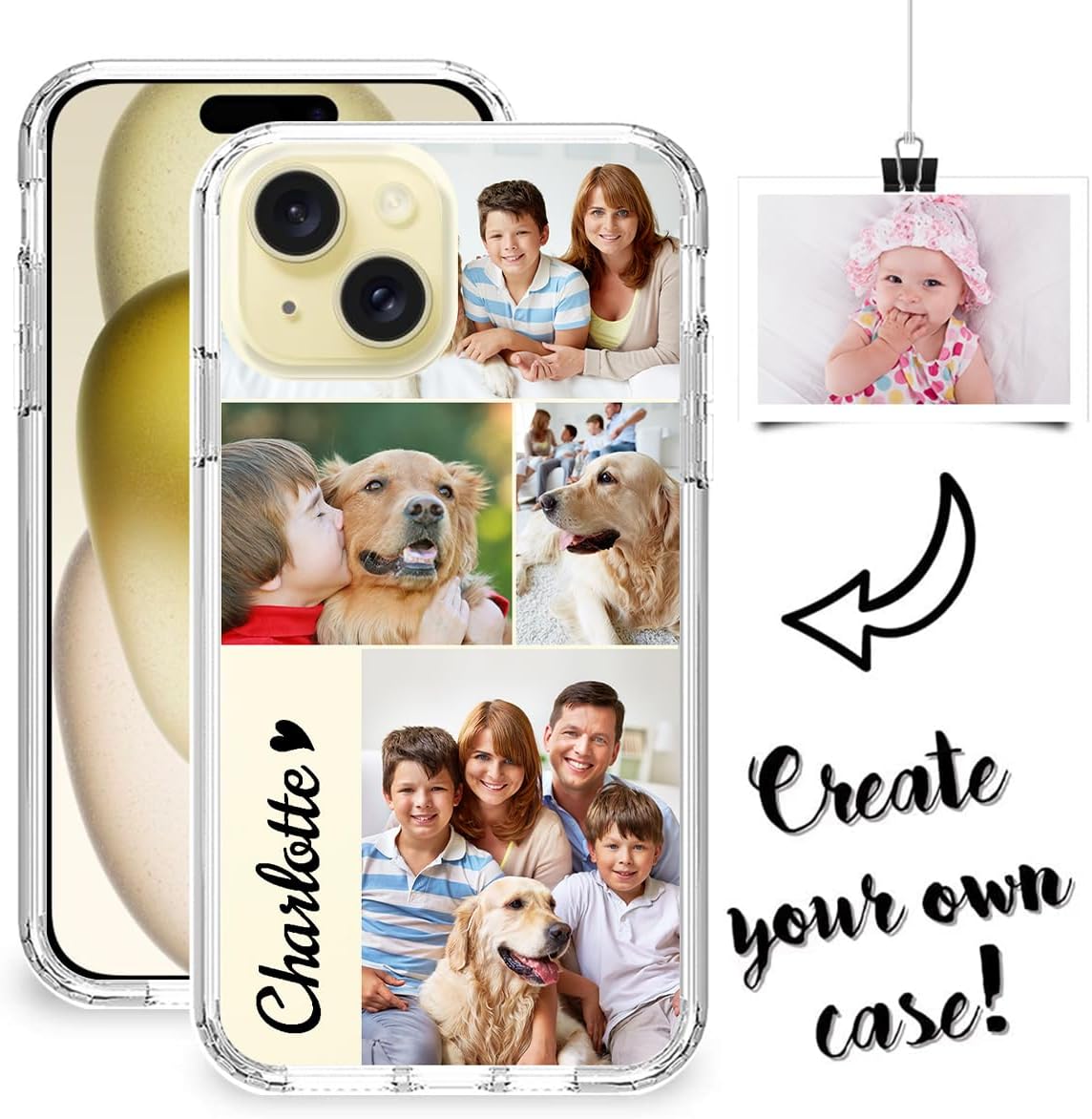 Custom Phone Case for iPhone 15,Bumper Heavy Duty Phone Case Multi-Picture Collages Personalized Photo Case with Screen Protector 3 in 1 Military Grade Full Body Protective Phone Cover Clear J