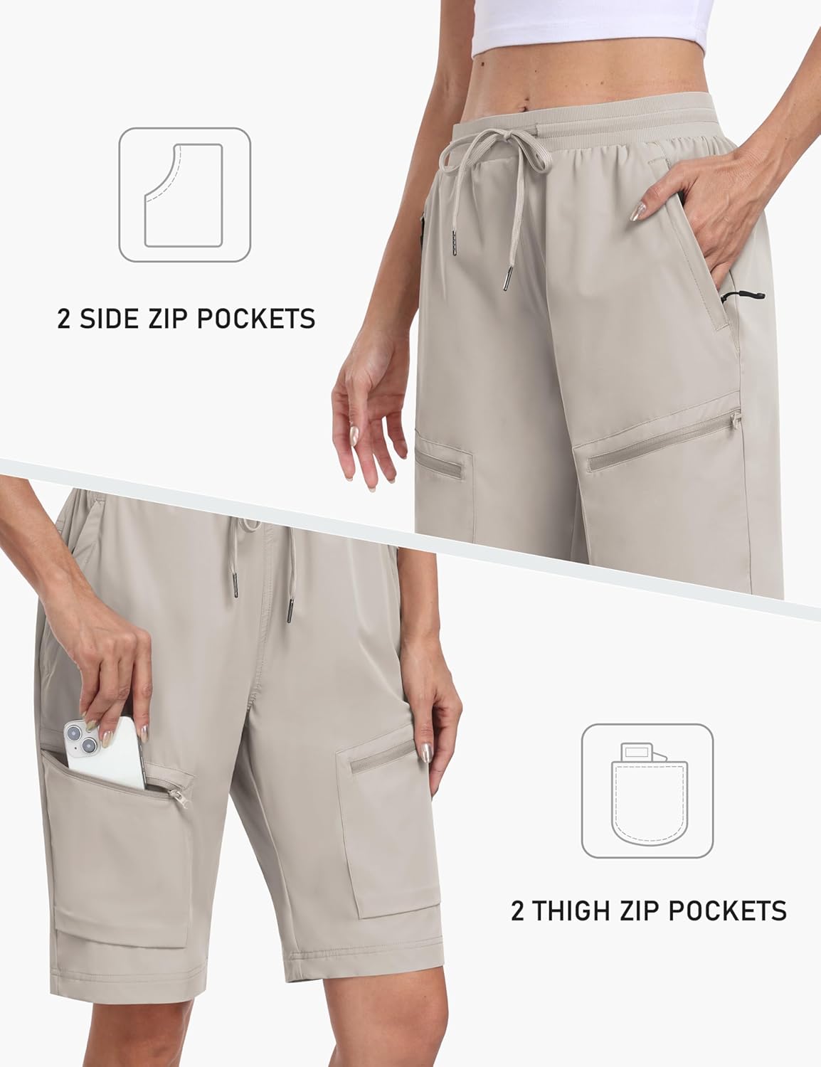 MoFiz Womens 10" Long Shorts for Women Knee Length Quick Dry Women Hiking Cargo Athletic Travel Golf Shorts with Zip Pockets