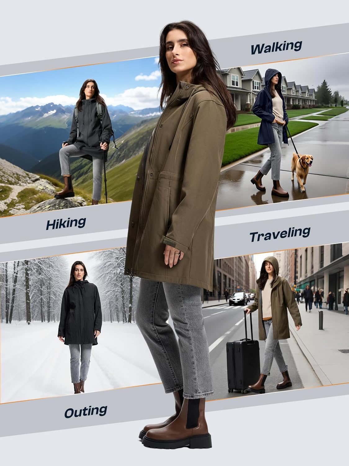 SaphiRose Women's Waterproof Rain Jacket with Fleece Lining Hooded Windbreaker Long Warm Outdoor Softshell Coat - Image 6