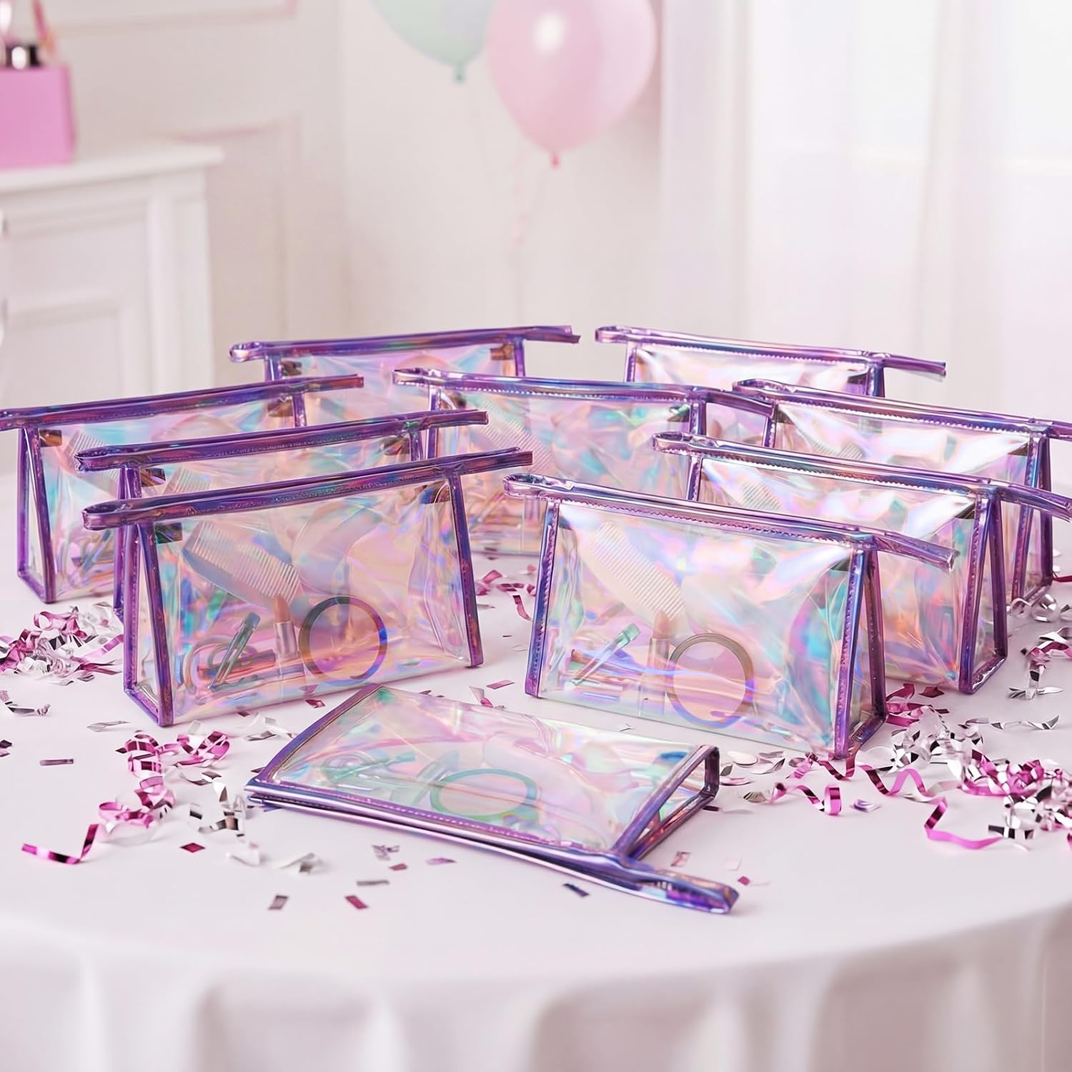 Aliceset 10 Pcs Iridescent Makeup Bag Bulk Holographic Clear Cosmetic Pouch Portable Zipper Toiletry Bag Waterproof Travel Gift Bags Party Favor Mothers Day Bachelorette Brider Gifts for Women(Purple)