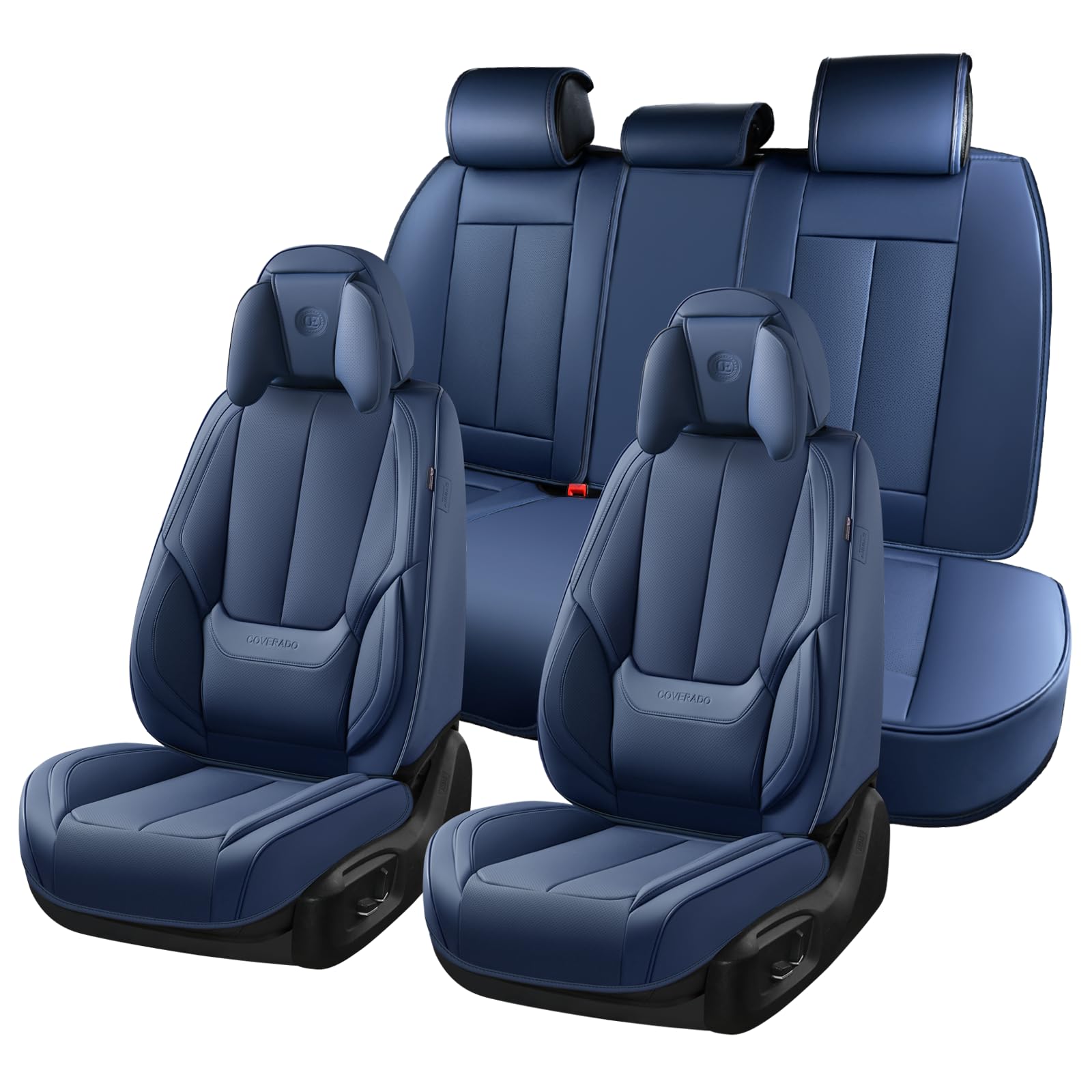 Coverado Seat Covers Full Set, 5 Seats Seat Covers for Cars, Waterproof Nappa Leather Car Seat Covers with Head Pillow, Seat Protectors Car Seat Cushion Universal Fit for Most Cars (Blue)