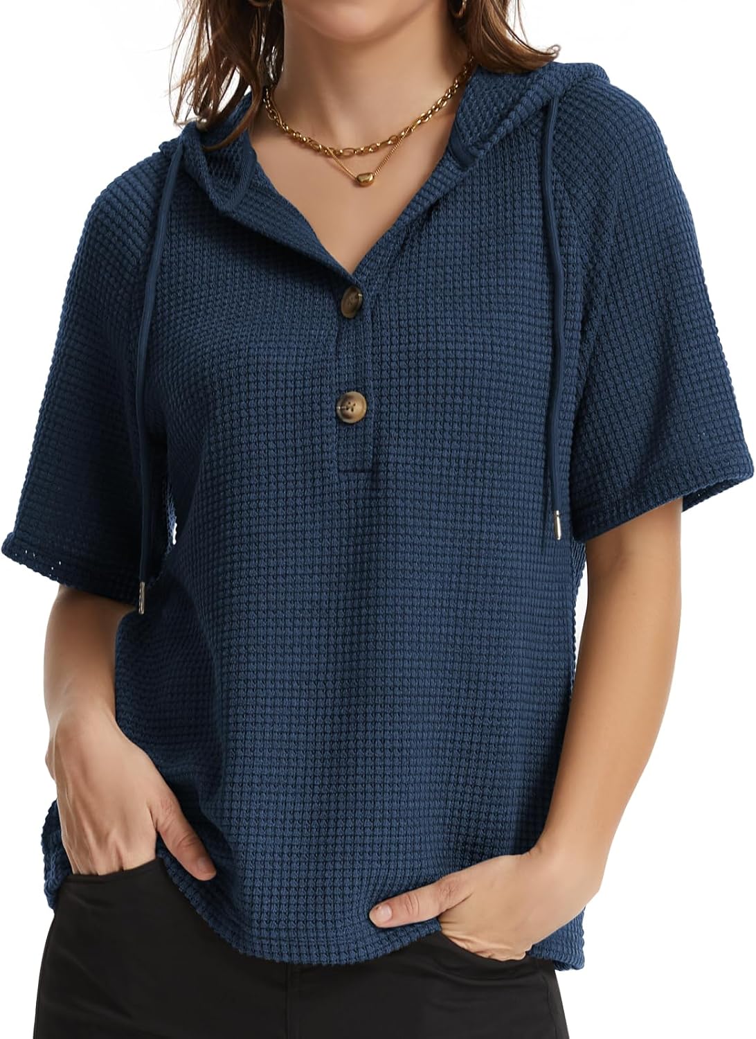 Hoodies Sweatshirt for Women Waffle Long Sleeve Oversized Sweaters Drawstring Button V Neck Casual Pullover Tops