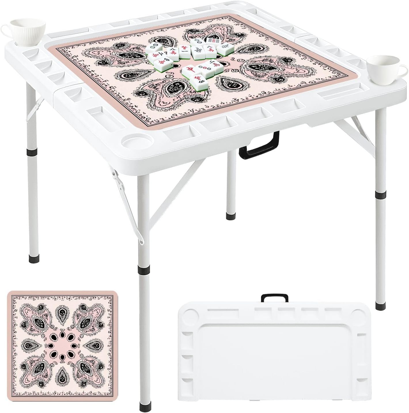 Folding Mahjong Table with Boho Paisley Bandana Ornate Floral Swirling Patterns Brown Wear-Resistant Mahjong Mat, 4 Cup Holders & Chip Trays for 4 Players Square Portable Card Table for Poker Domino