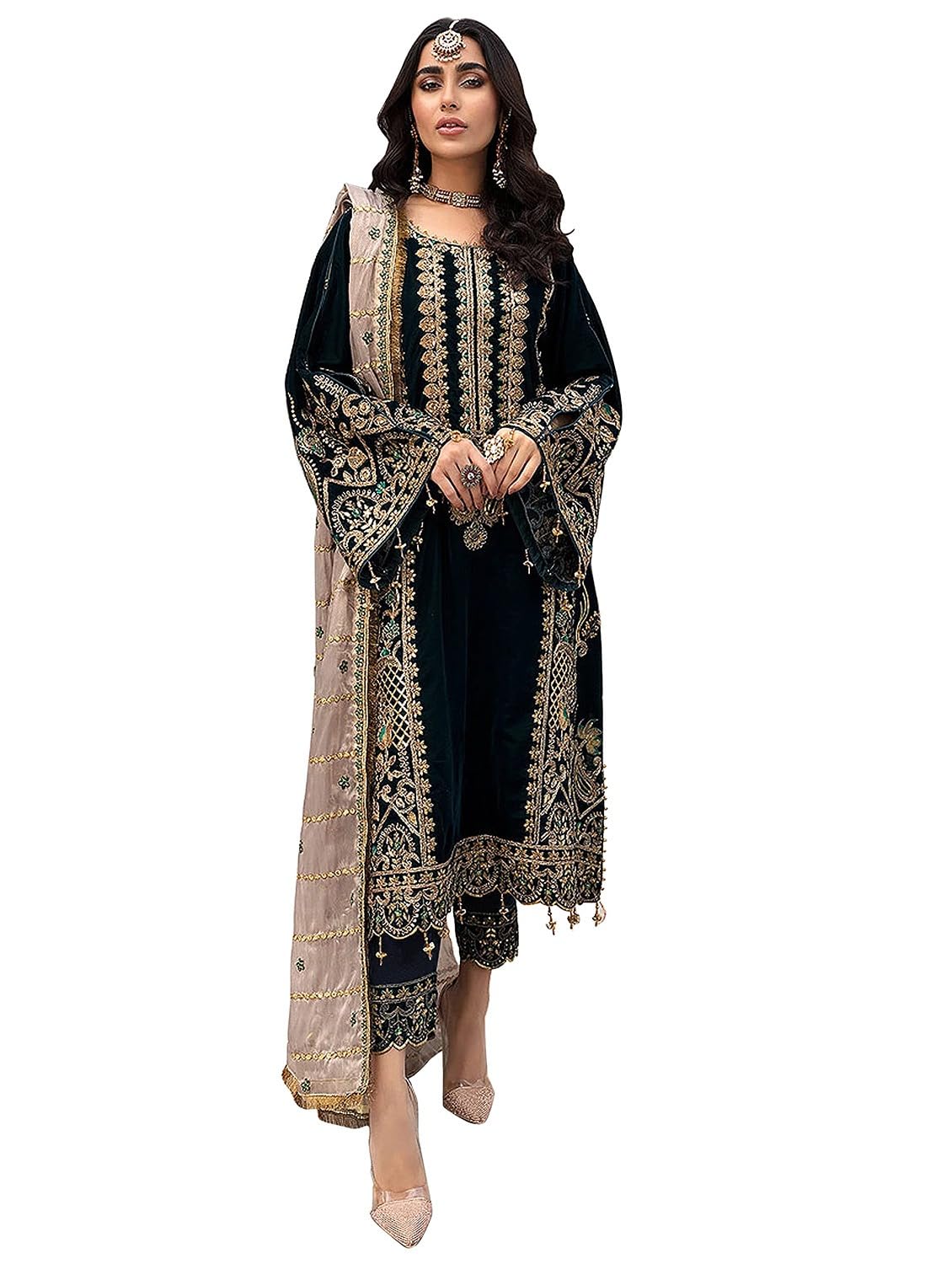 Women's Georgette Embroidered Salwar Kameez Suit with Net Dupatta, with Semi-Stitched Top and Unstitched Bottom, Pakistani Style Suit